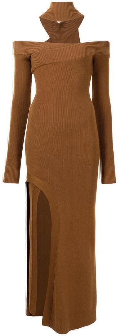 Off-shoulder Turtleneck Slit Arch Dress (Tan/Brown) | style