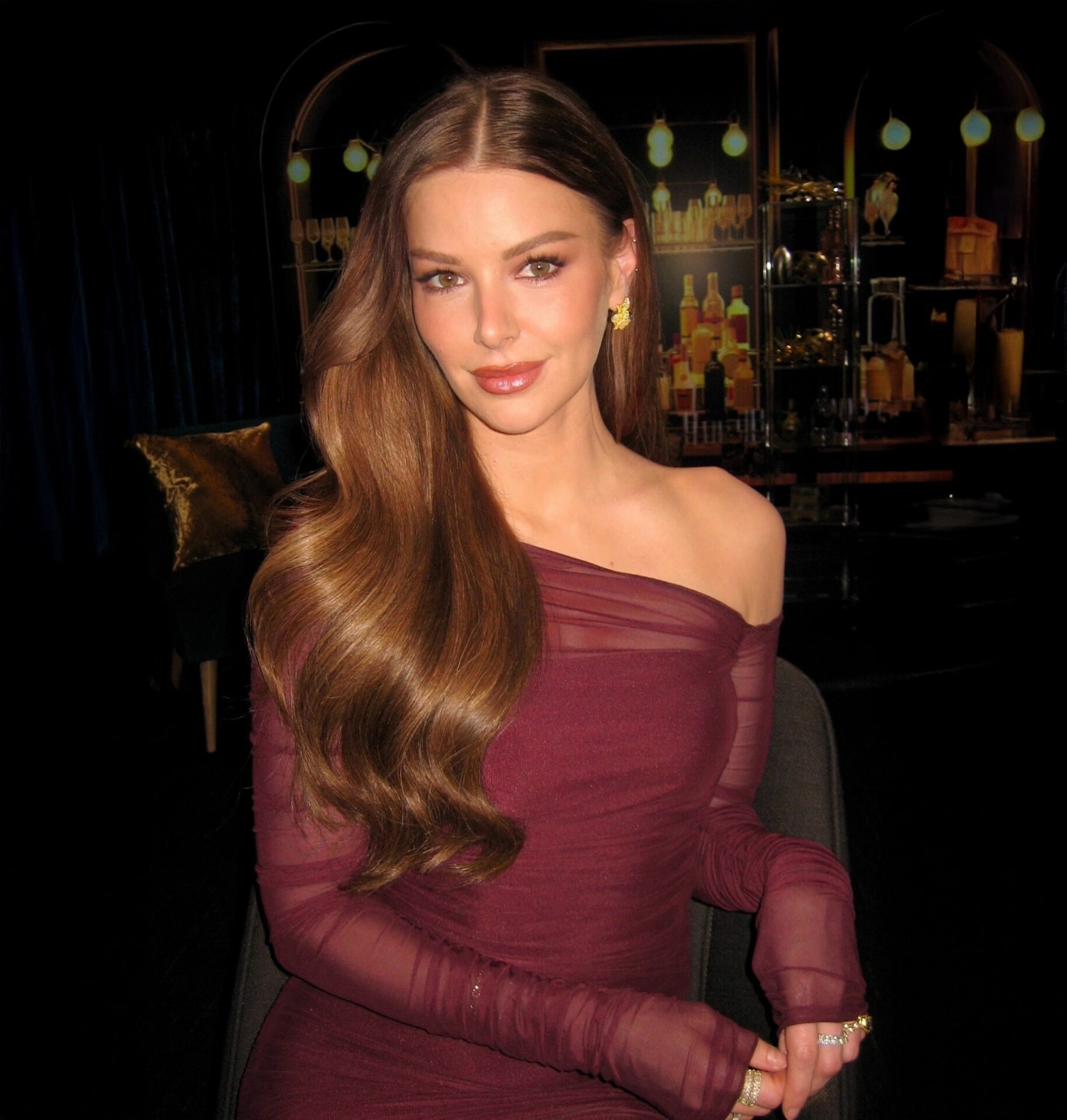 Ariana Madix Burgundy Off Shoulder Dress