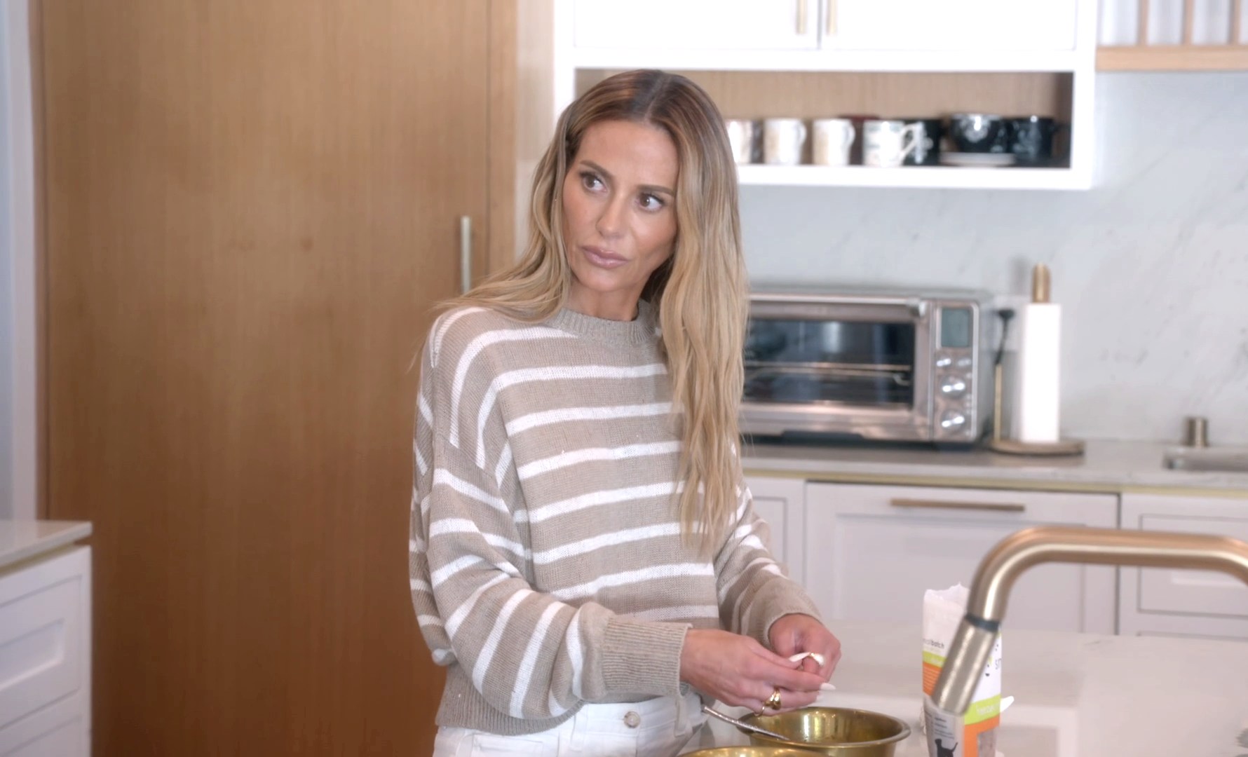 Dorit Kemsley Brunello Cucinelli Beige White Stripe Sweater + White Hermes Loafers - Real Housewives of Beverly Hills Season 15