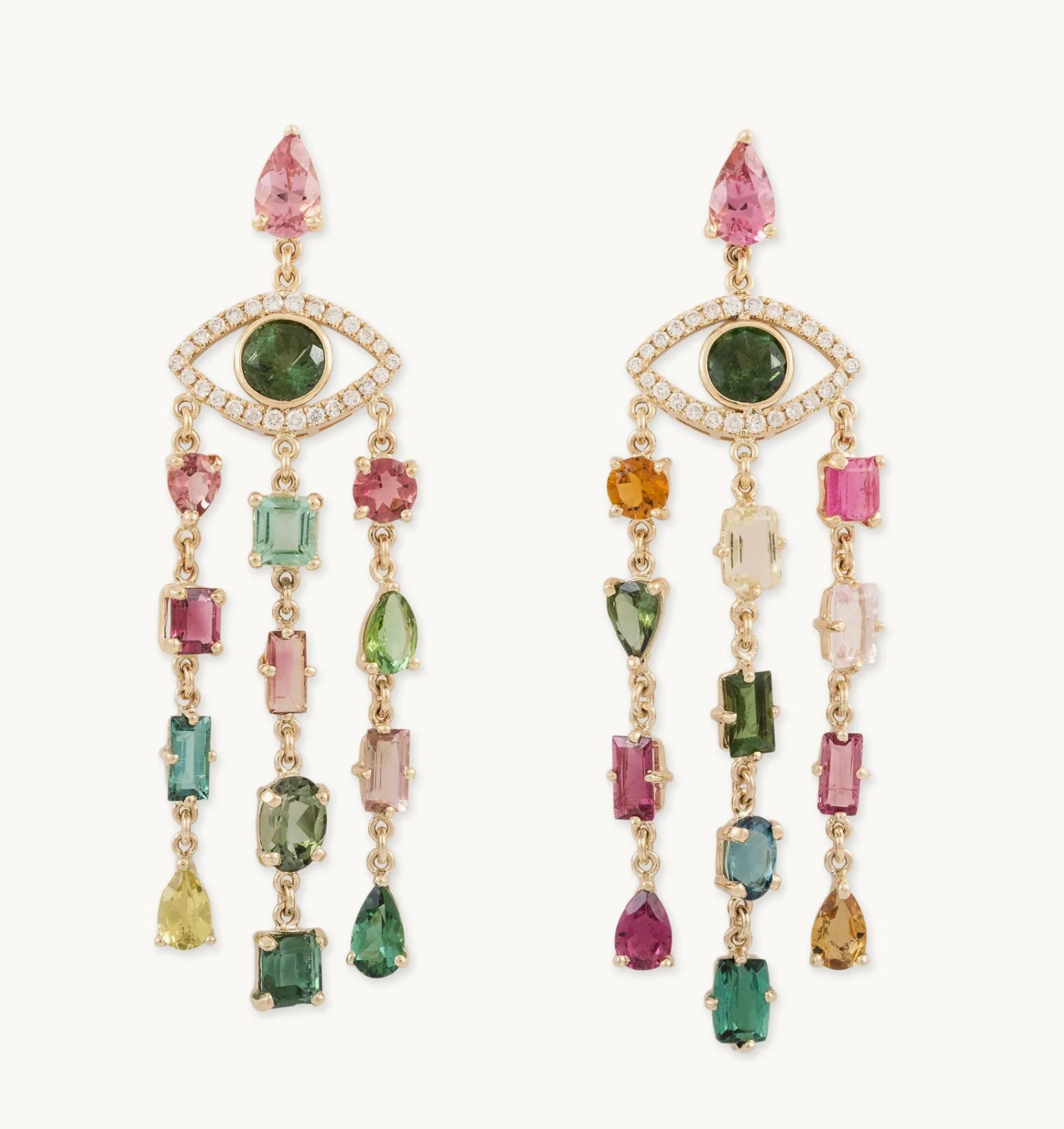 Jacquie Aiche Yellow Gold Diamond Multi Color Tourmaline Chandelier Earrings