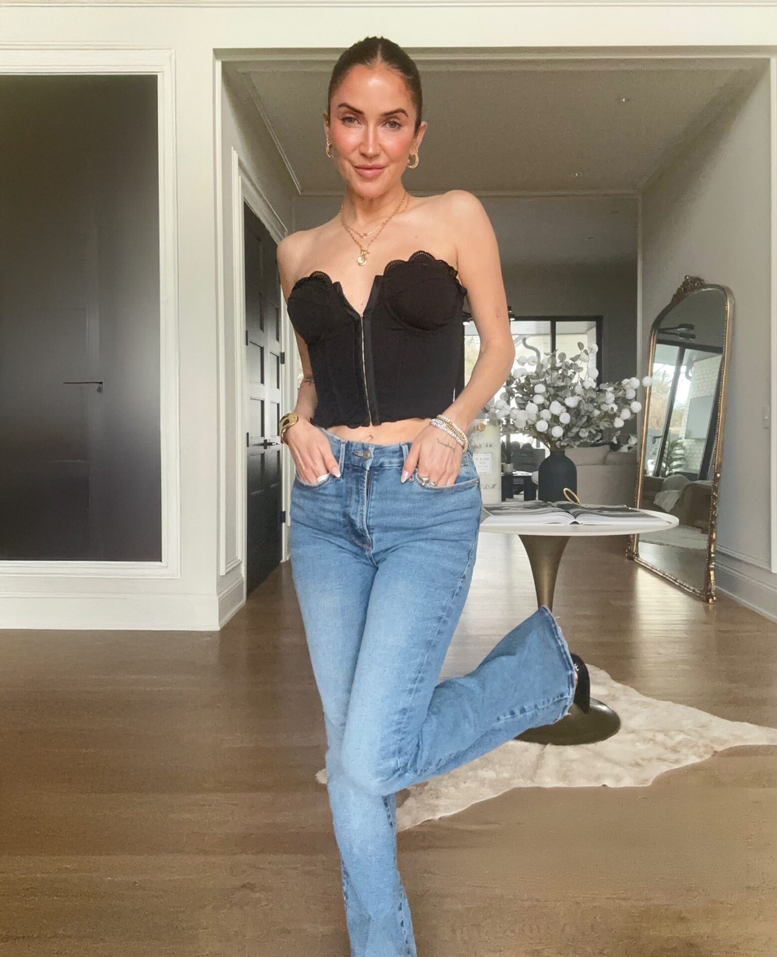 Kaitlyn Bristowe Black Lace Bustier Flared Jeans