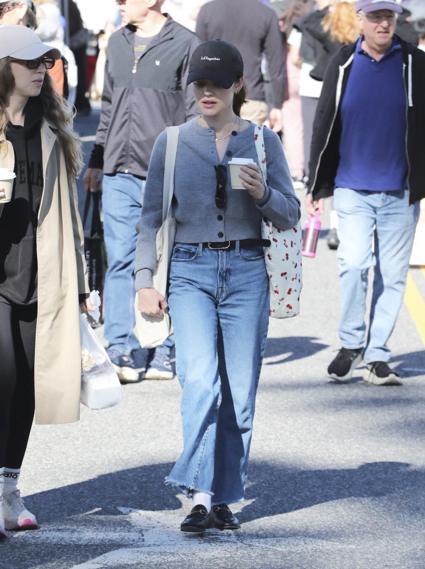 Lucy Hale Grey Cardigan + Black Gucci Loafers