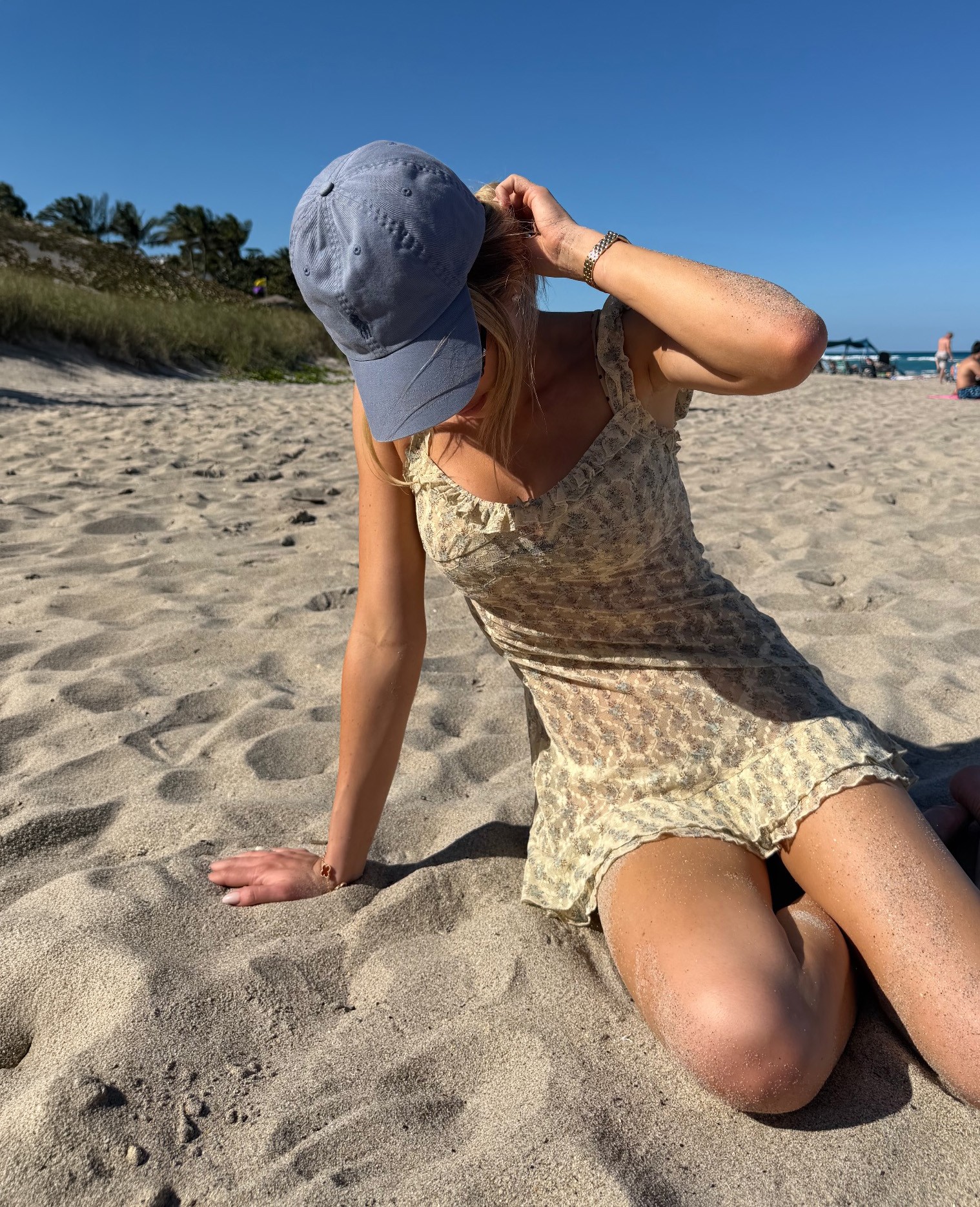 Alix Earle Light Yellow Print Sheer Dress Blue Cap