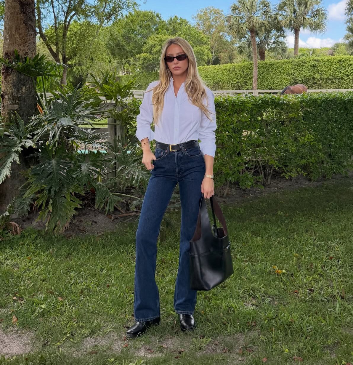 Alix Earle White Shirt + Dark Rinse Jeans