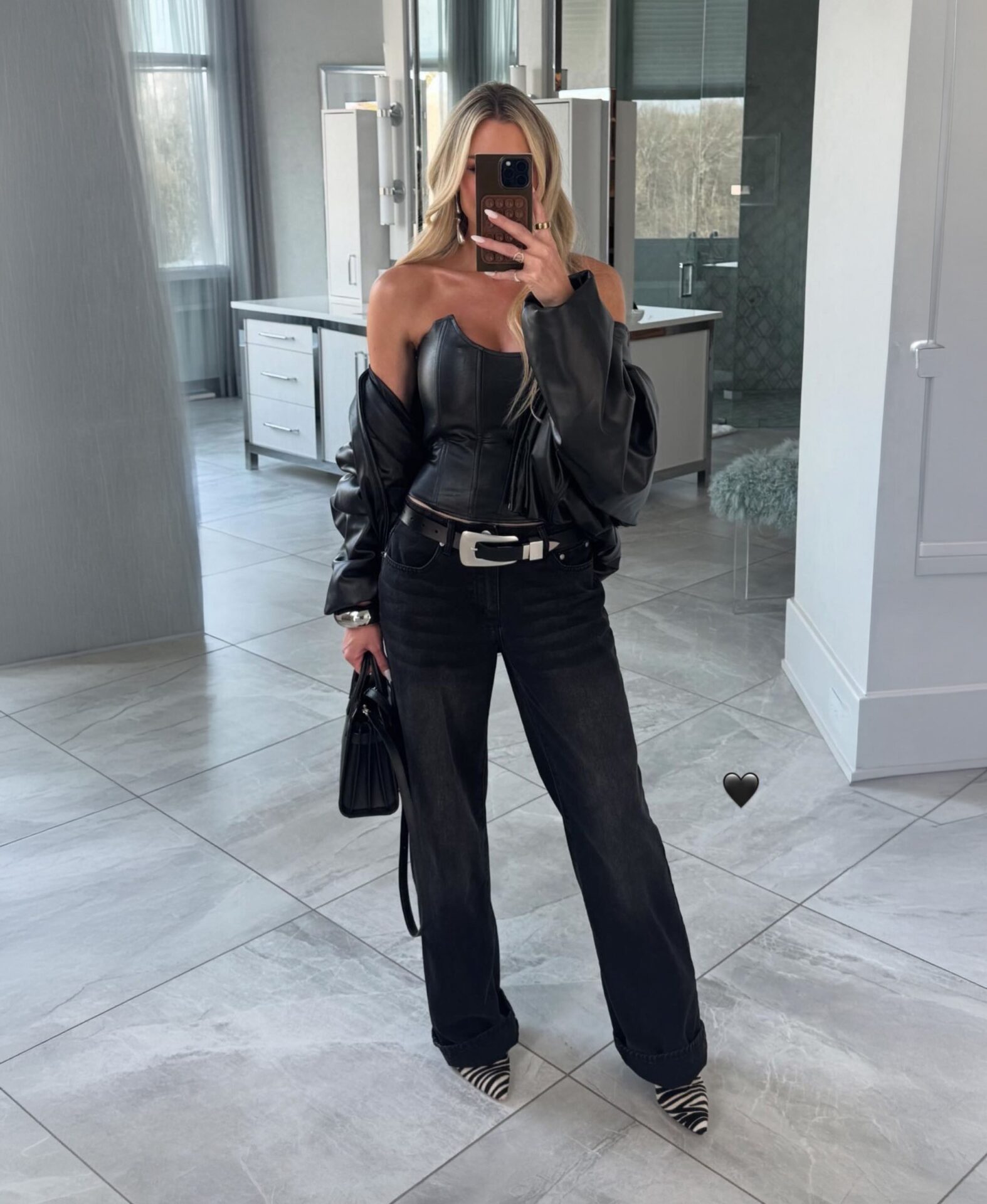 Brittany Aldean Black Leather Corset Black Jeans