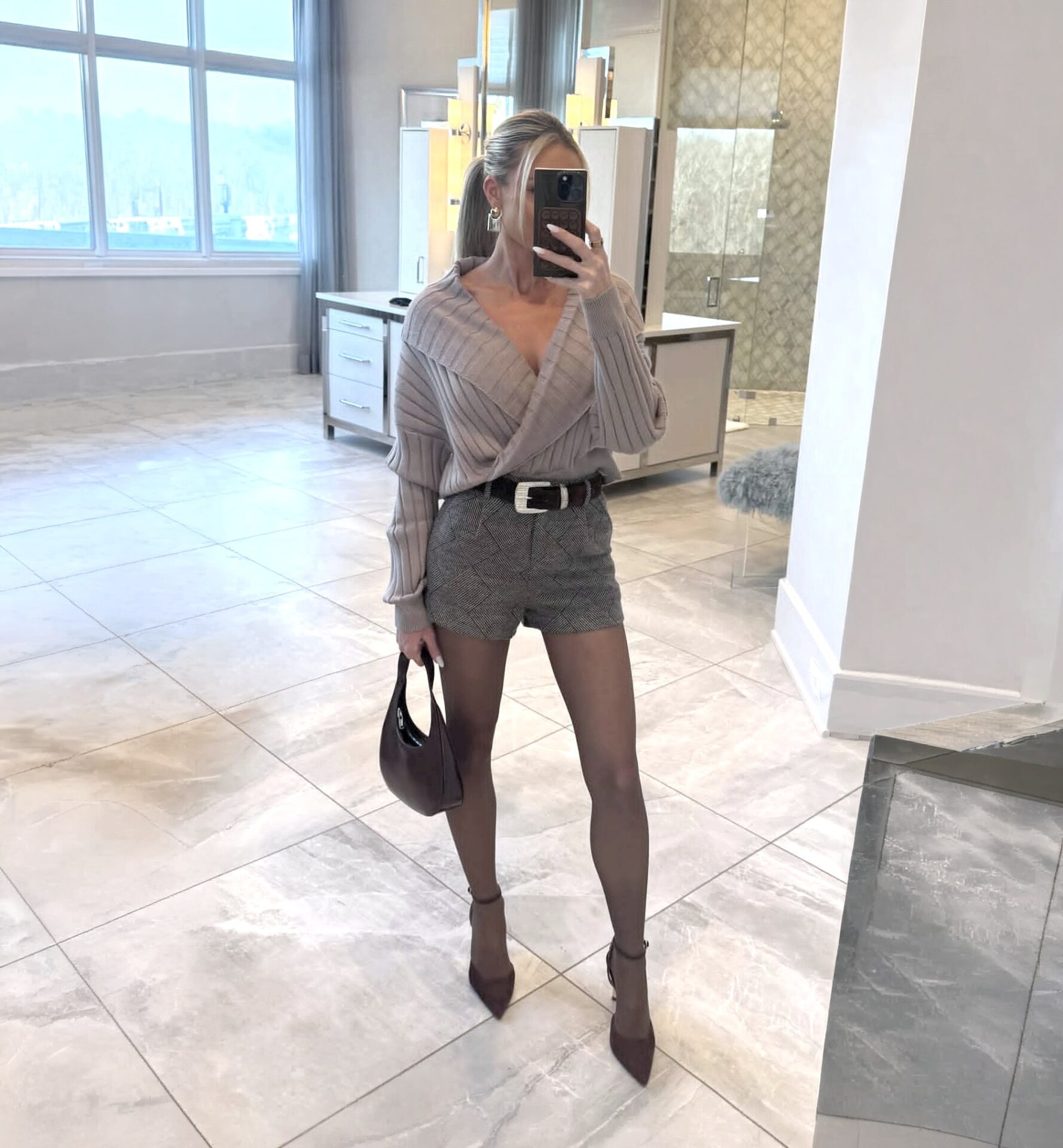 Brittany Aldean Grey Ribbed Wrap Sweater