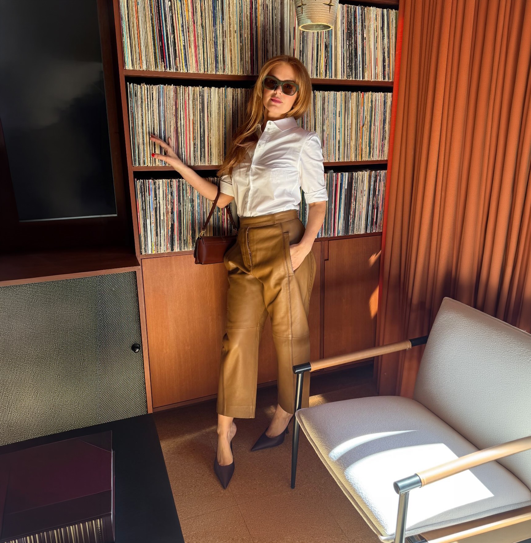 Isla Fisher Tan Leather Cropped Pants