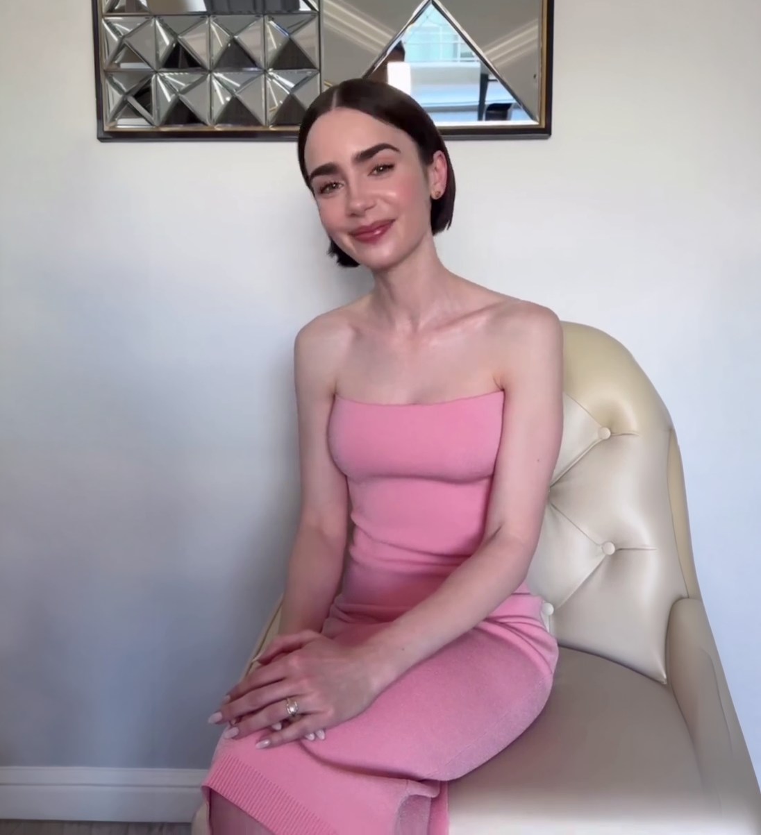 Lily Collins Light Pink Strapless Dress