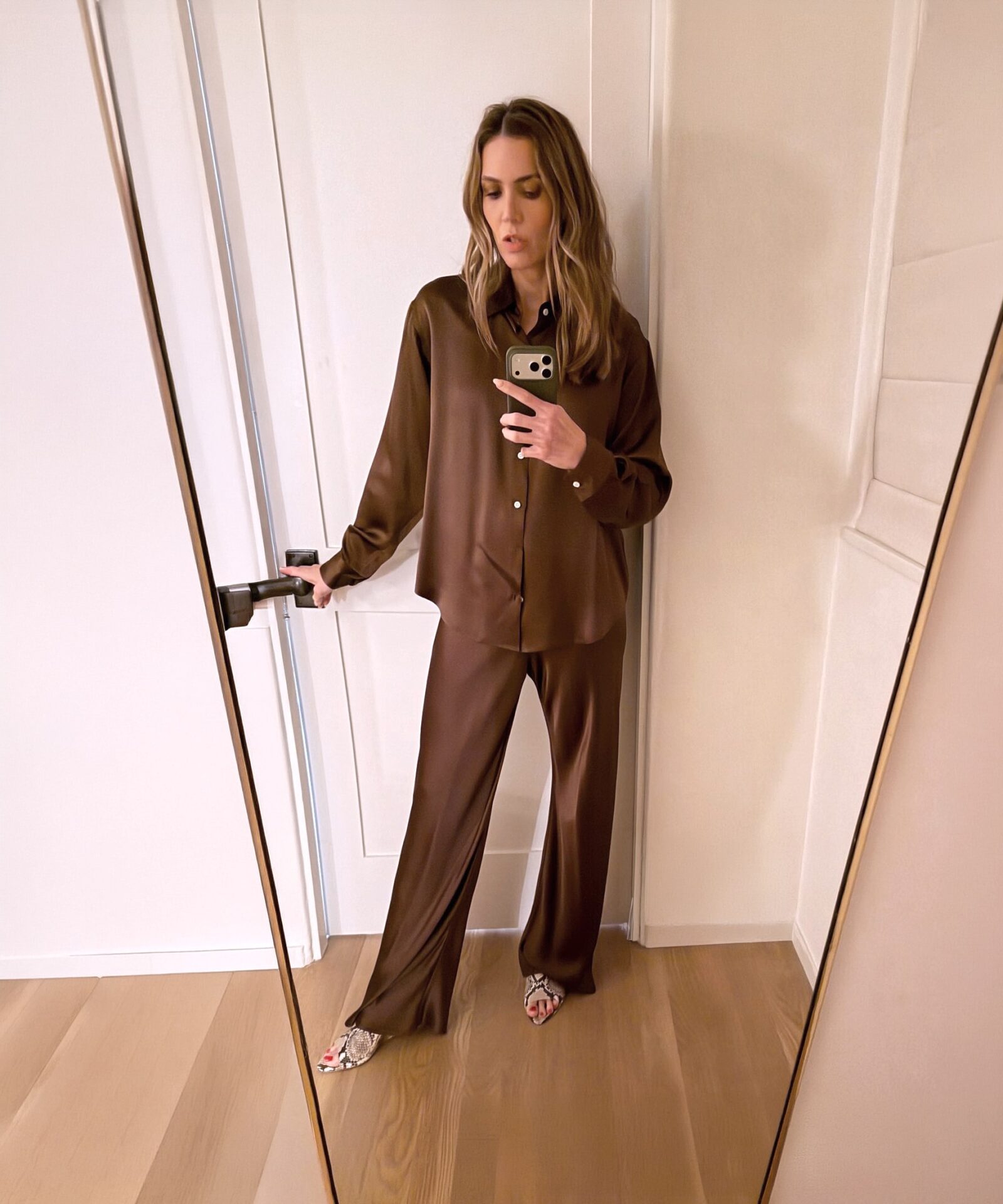 Mandy Moore Dark Brown Silk Pajamas