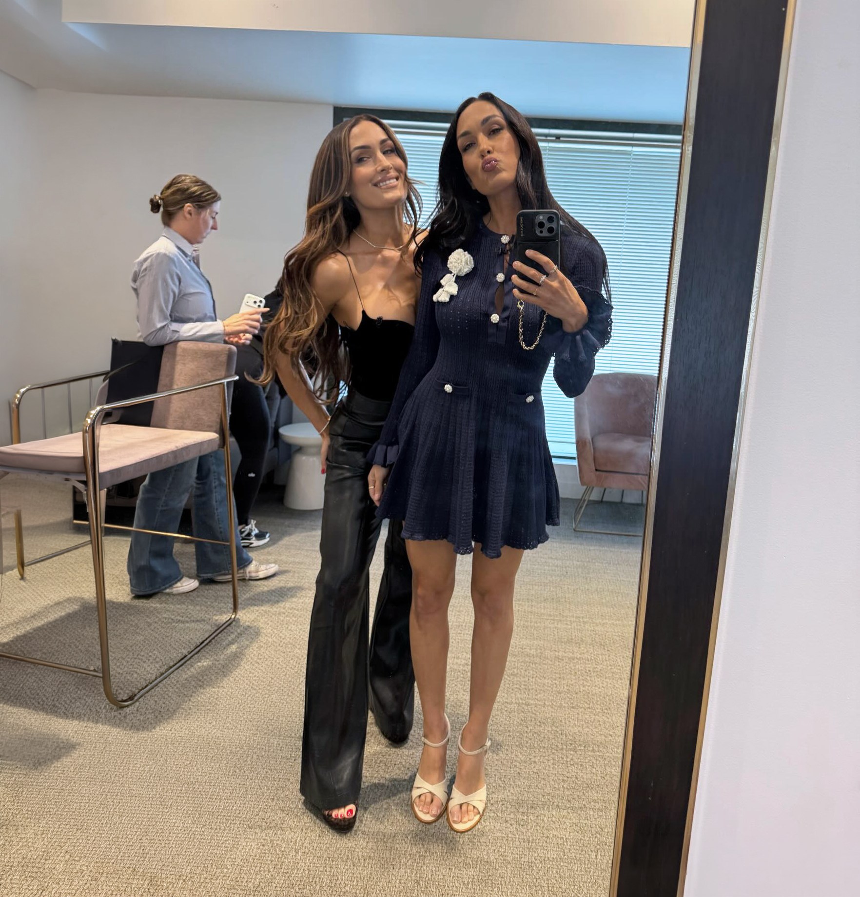 Nikki Garcia Black Leather Pants + Brie Garcia Navy Dress