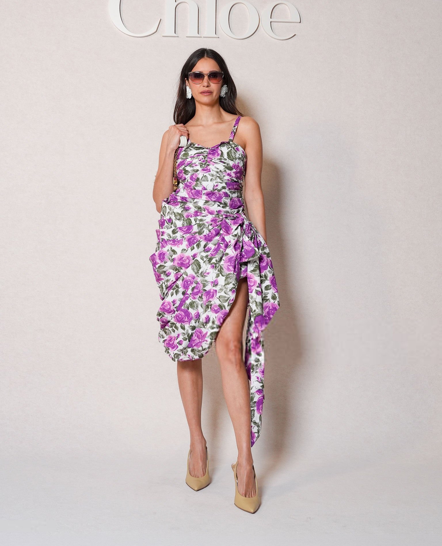 Nina Dobrev White + Purple Floral Dress at Chloé Fall Show during Paris Fashion Week