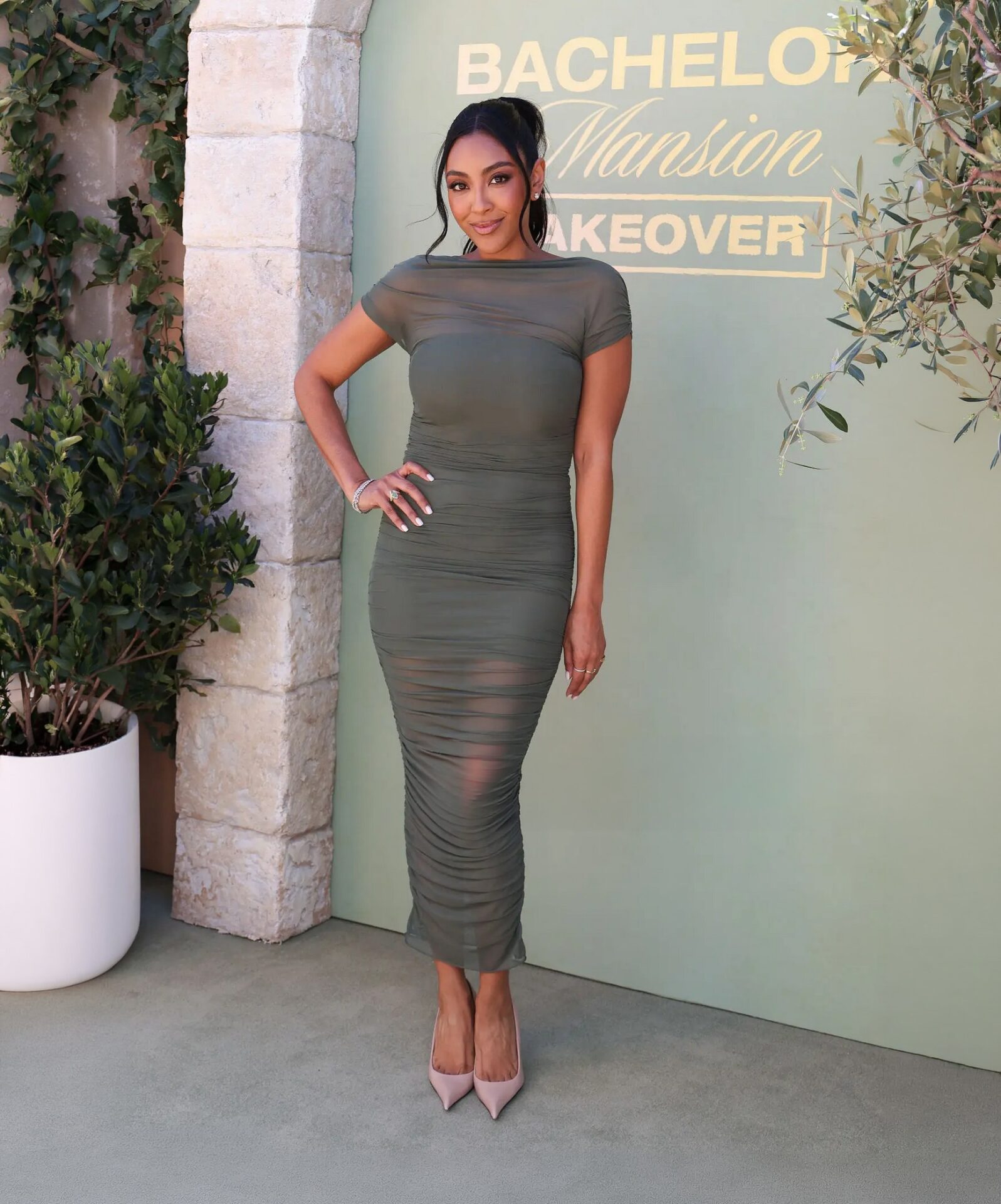 Tayshia Adams Dark Green Mesh Dress Bachelor Mansion Takeover Party