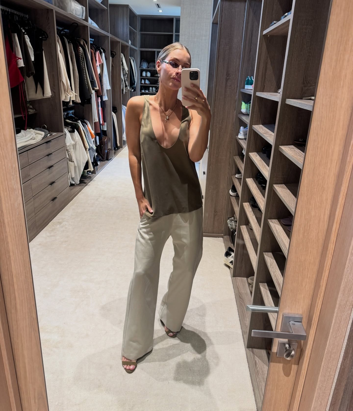Claire Holt Olive Green Silk Top