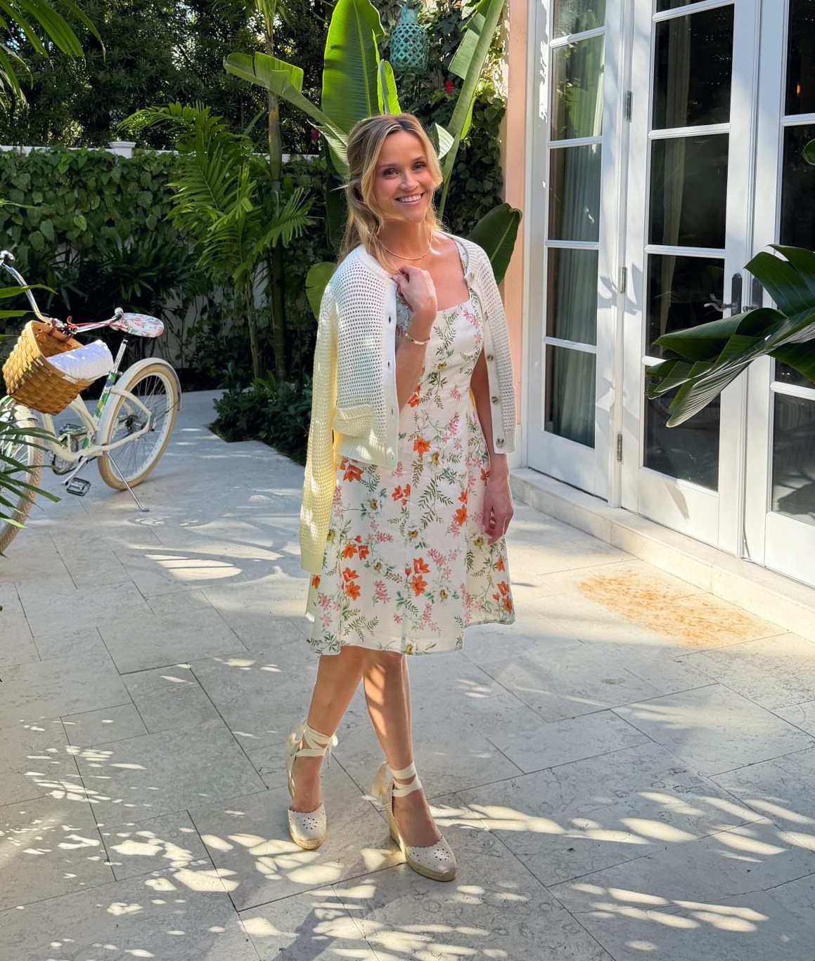 Reese Witherspoon Ivory Cardigan + Ivory Floral Dress