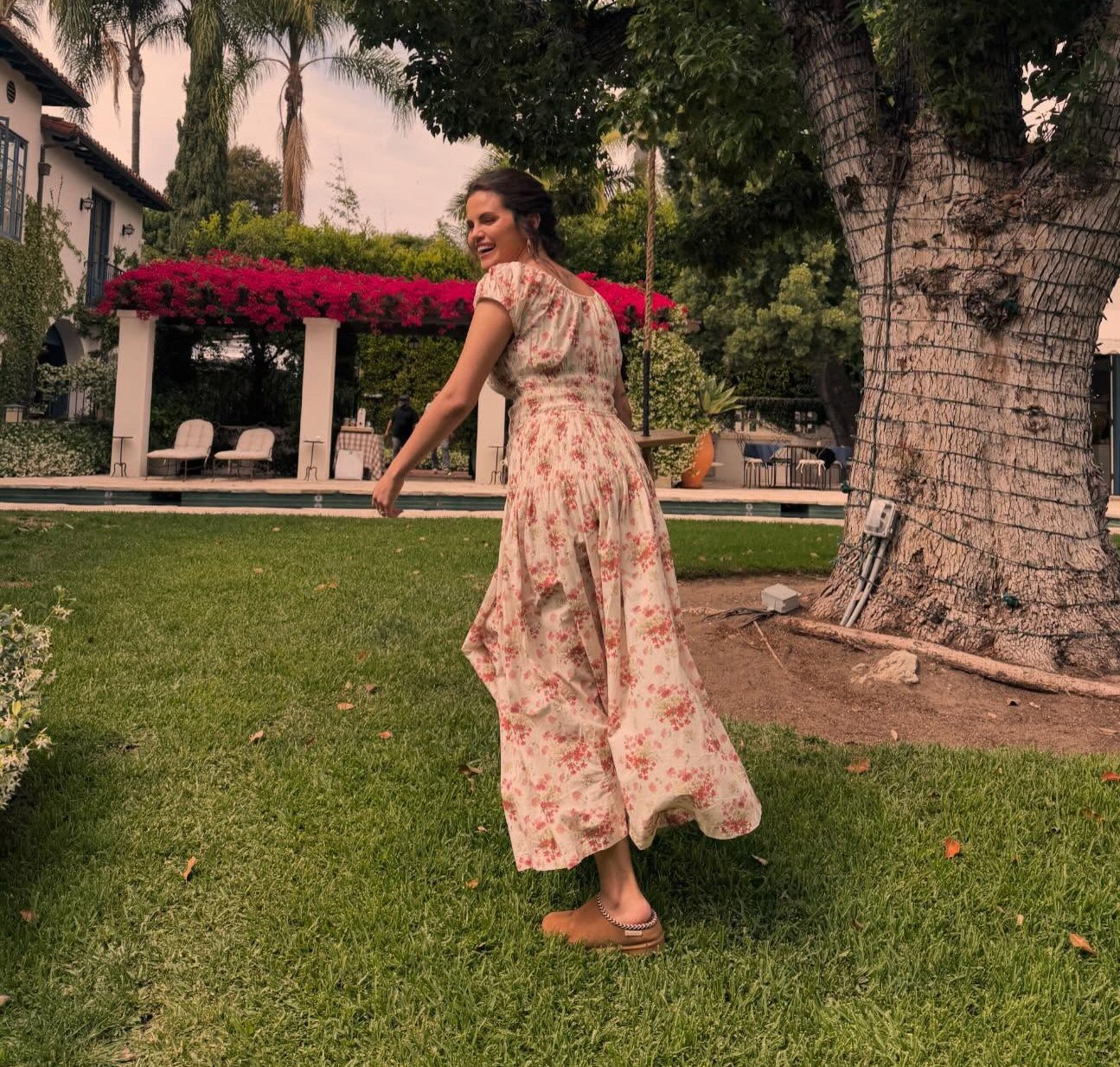 Selena Gomez Orange Floral Dress + Tan Slippers