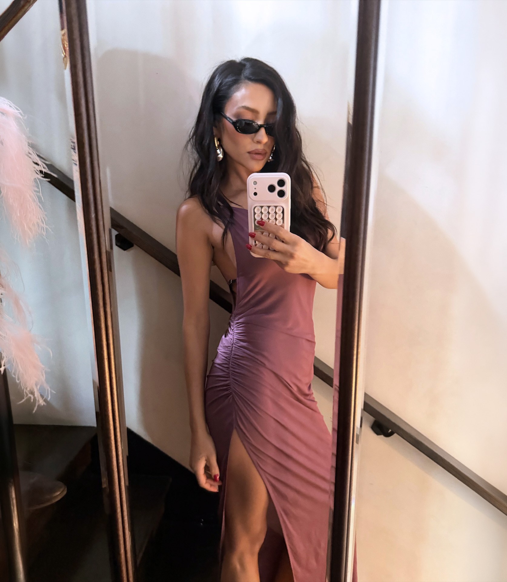 Shay Mitchell Dark Pink Dress + Burgundy Gold Saint Laurent Pumps