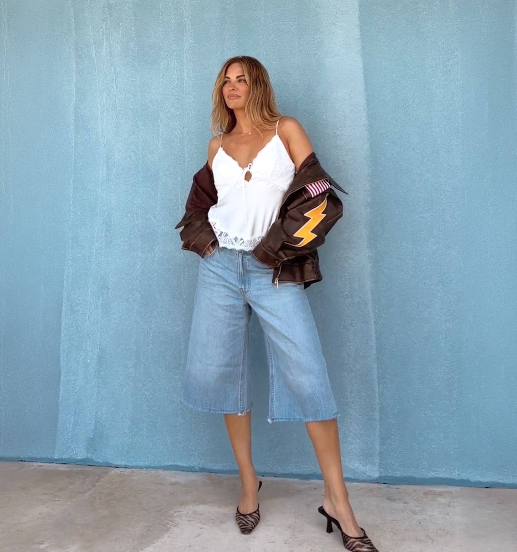 Becca Tilley Brown Leather Bomber Jacket + Black Zebra Mesh Mules