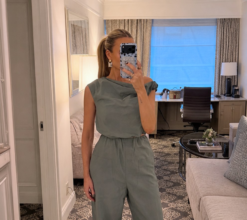 Brittany Aldean Deep Green Off Shoulder Top + Pants