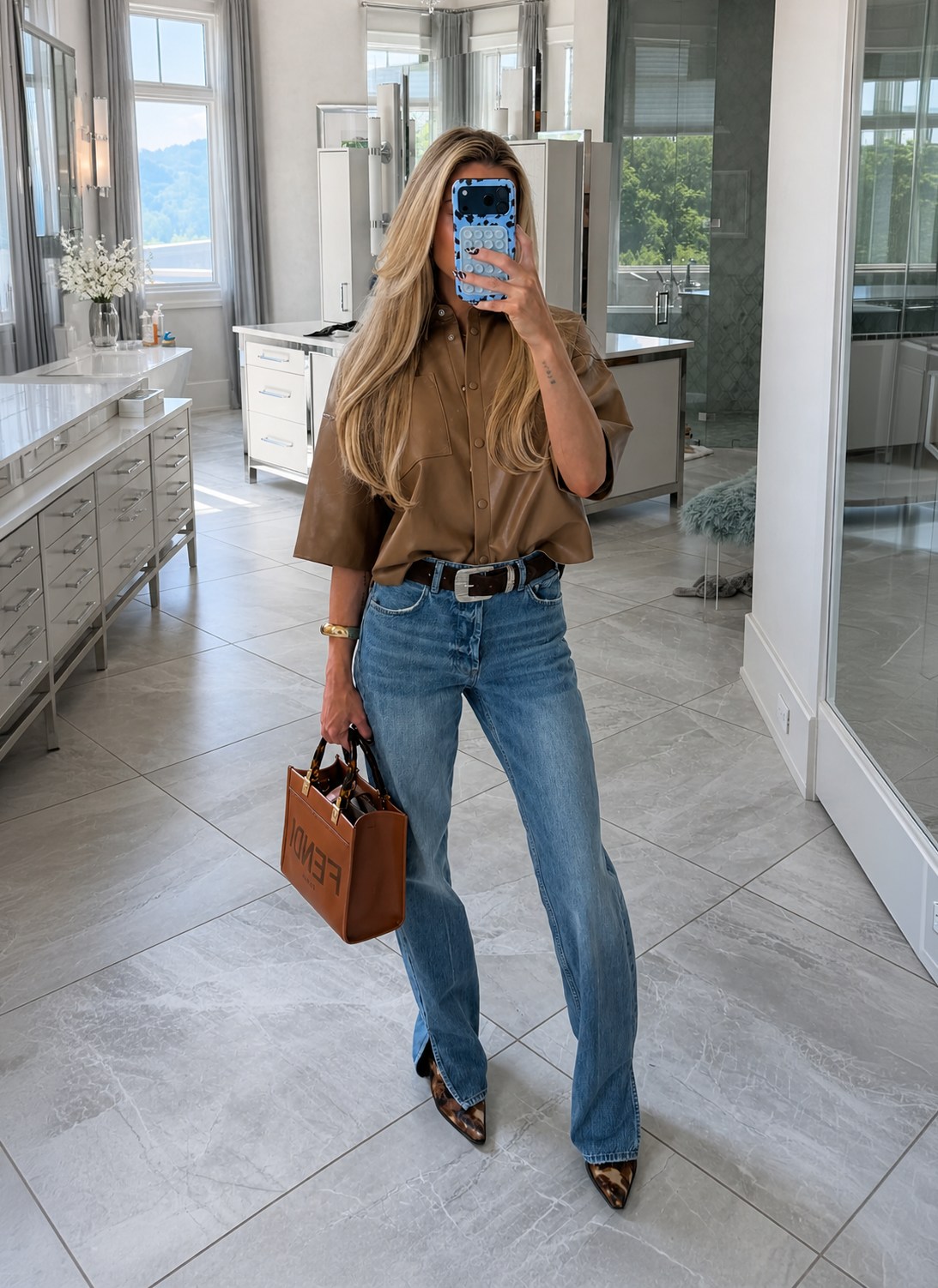 Brittany Aldean Tan Faux Leather Shirt + Brown Fendi Bag - Instagram