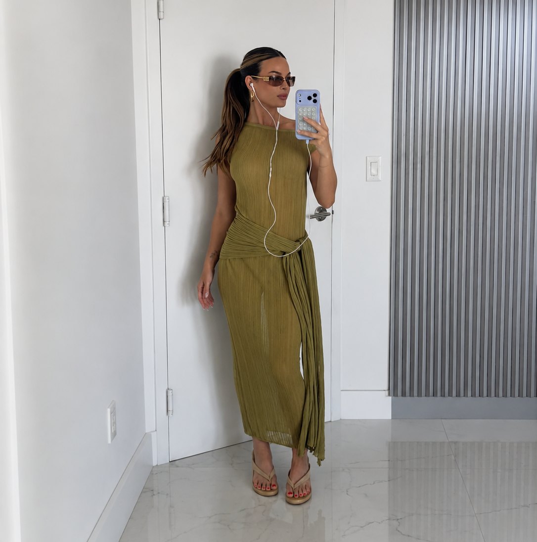Juliette Porter Olive Green Sheer Dress + Gold Shield Miu Miu Sunglasses