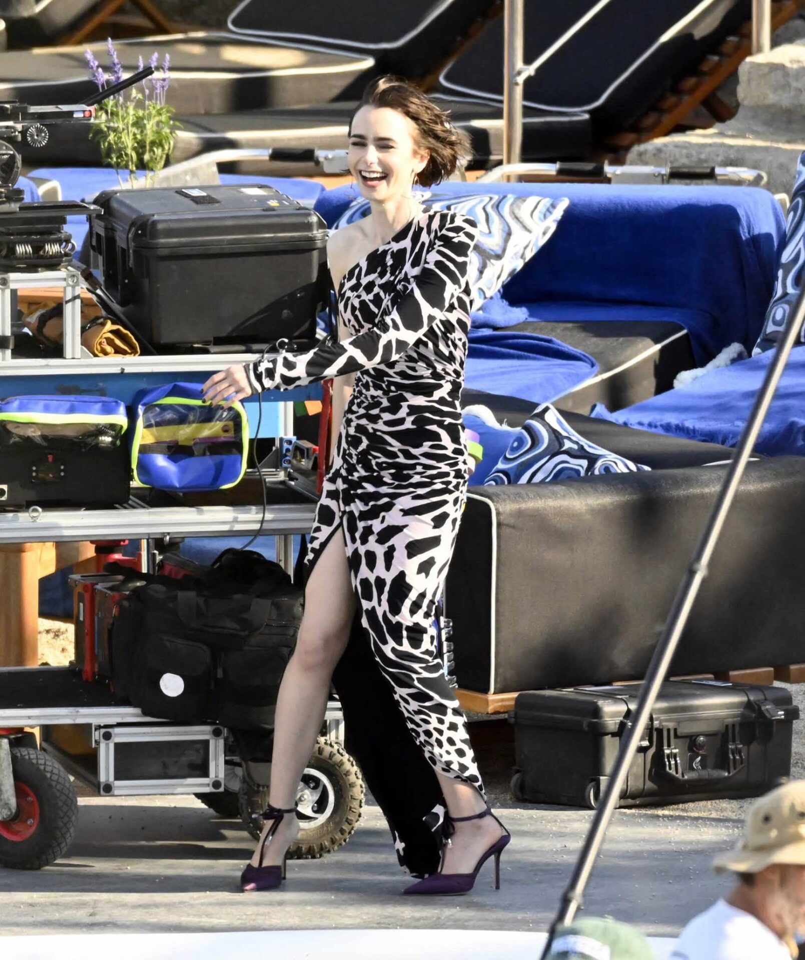 Lily Collins Pink Black Giraffe Print Dress - Filming Emily In Paris in Mykonos, Greece