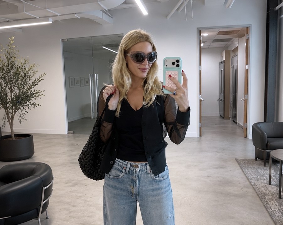 Morgan Stewart Black Raffia Bag Grey Oversized Sunglasses