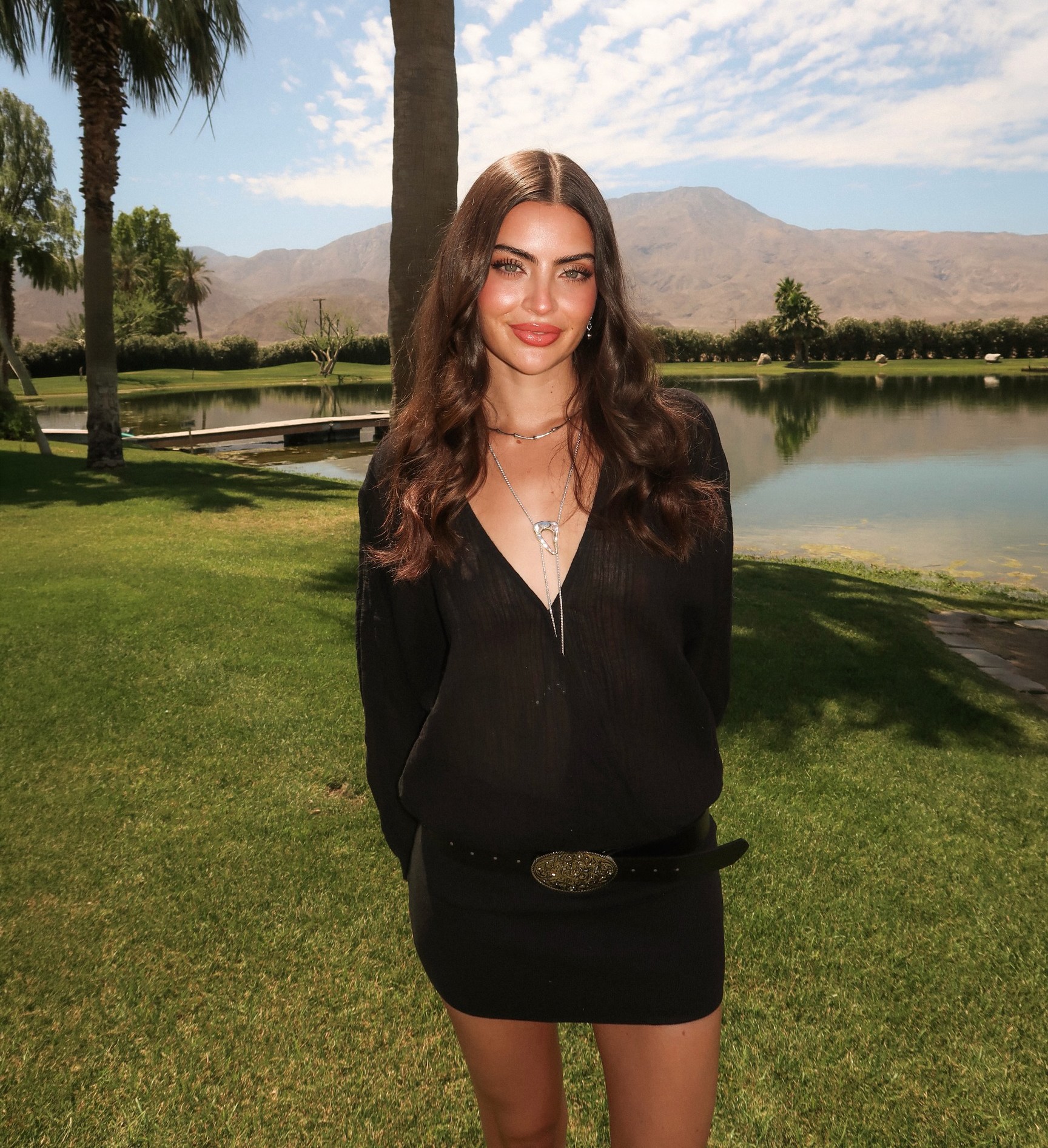 Rachael Kirkconnell Black V Neck Dress + Silver Lariat Necklace