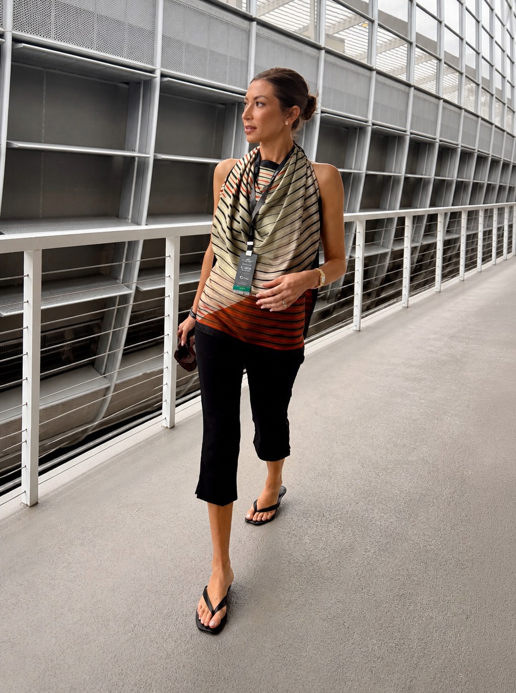 Stassi Schroeder Olive Green, Beige, Red Stripe Silk Scarf Top
