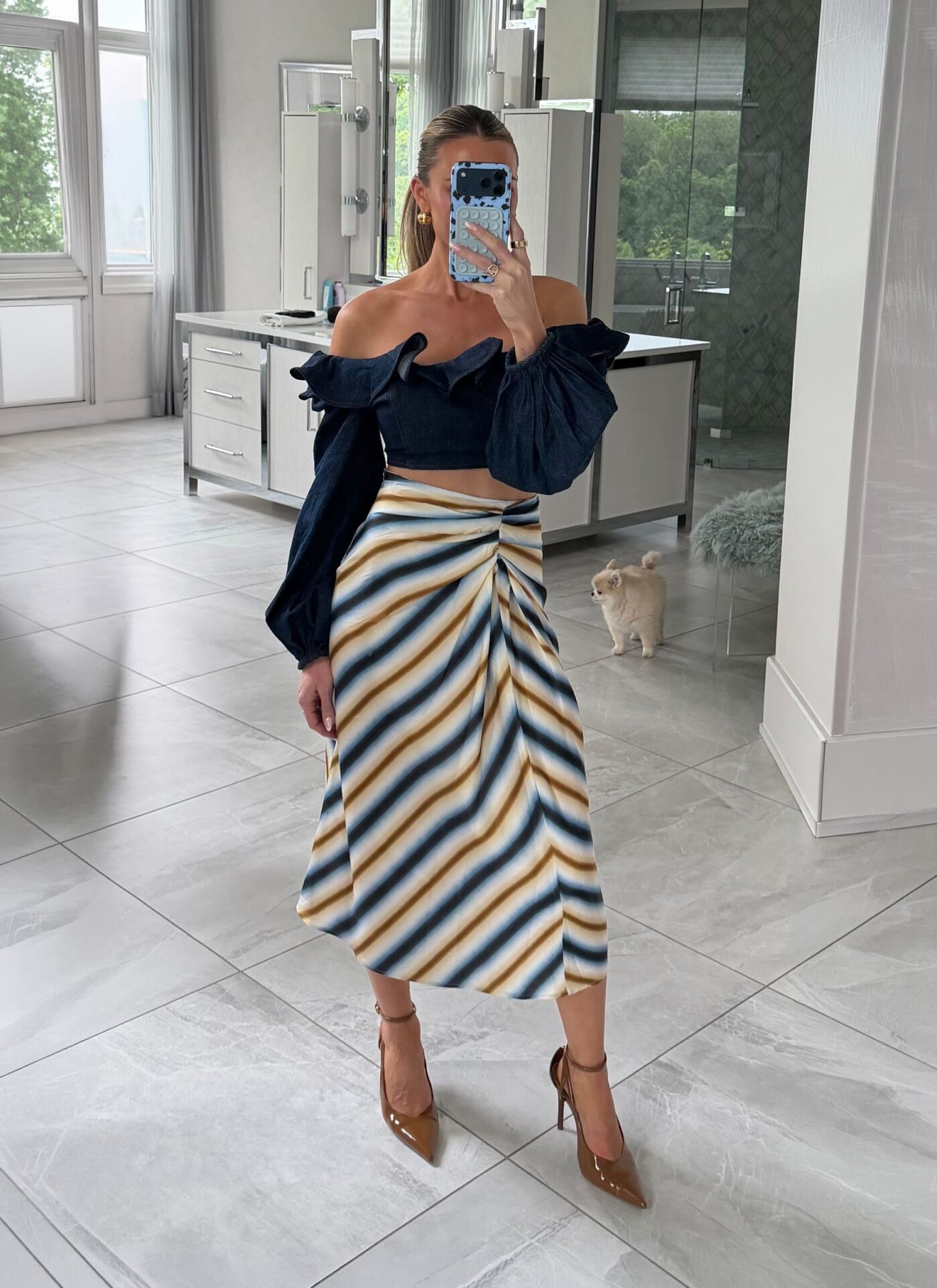 Brittany Aldean Denim Ruffled Top + White Black Yellow Stripe Skirt