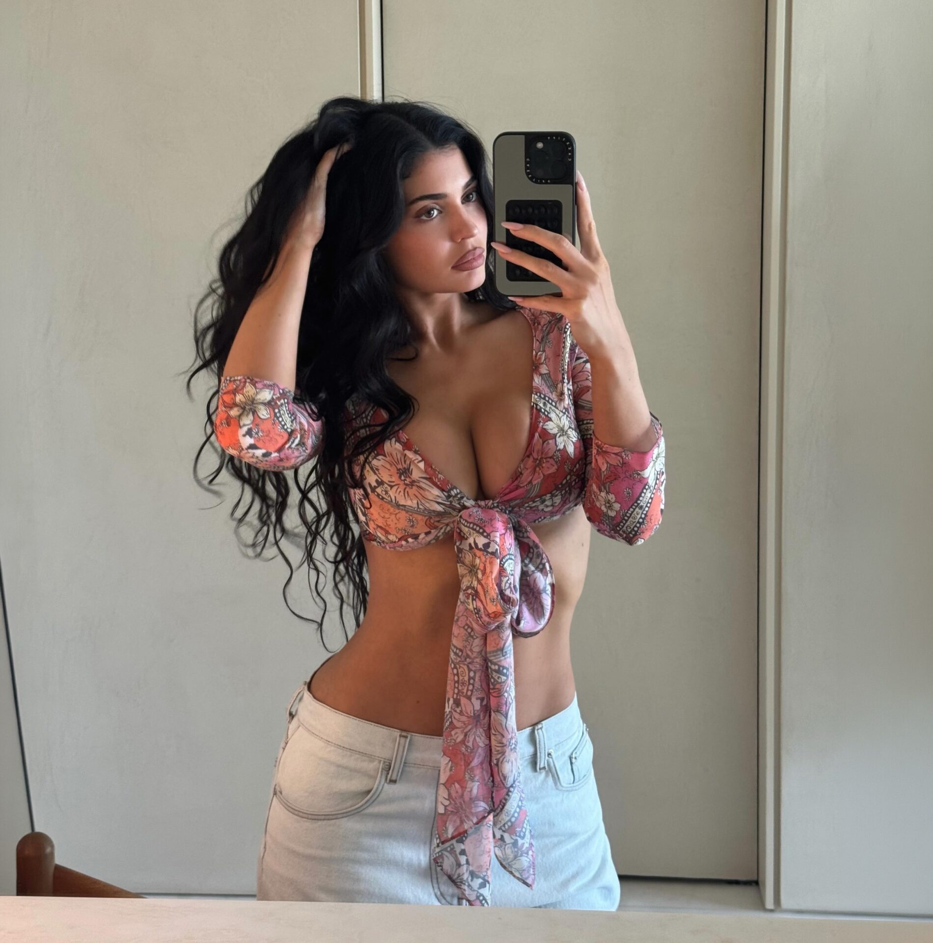 Kylie Jenner Pink Orange Floral Top Faded Jeans