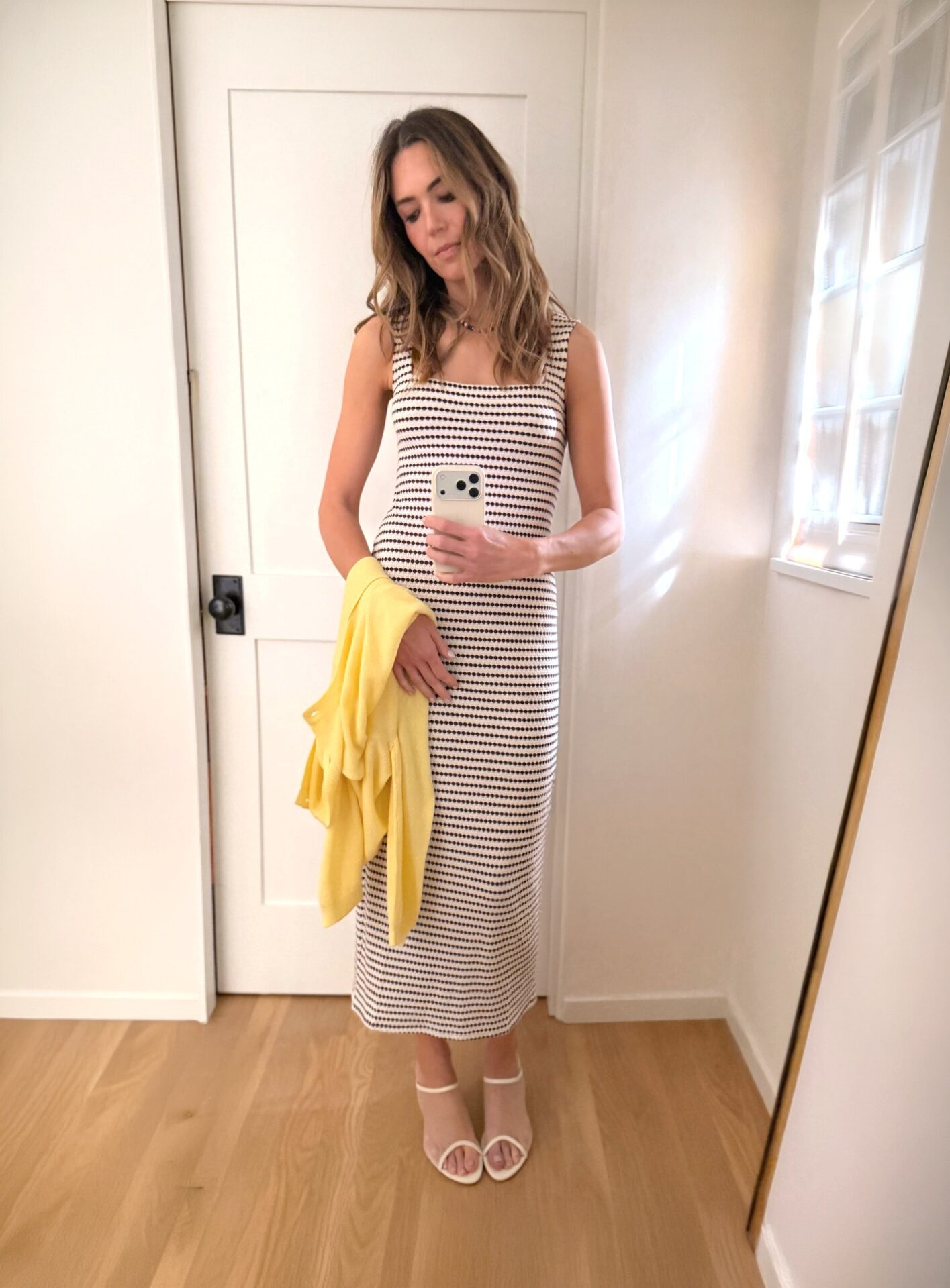 Mandy Moore Brown White Textured Dress + Yellow Cardigan