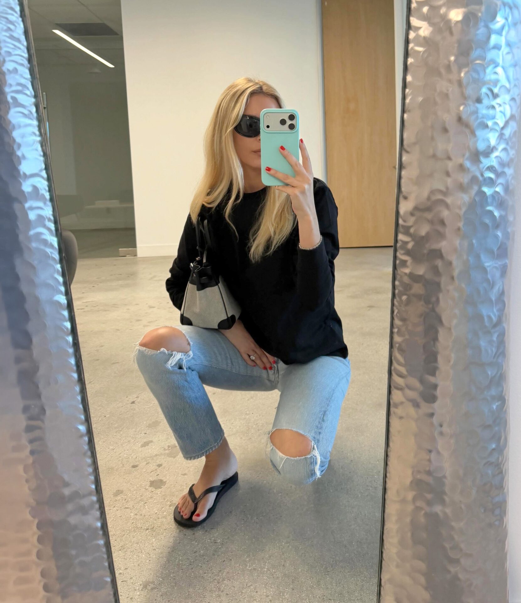 Morgan Stewart Black Sweater + Black Sunglasses