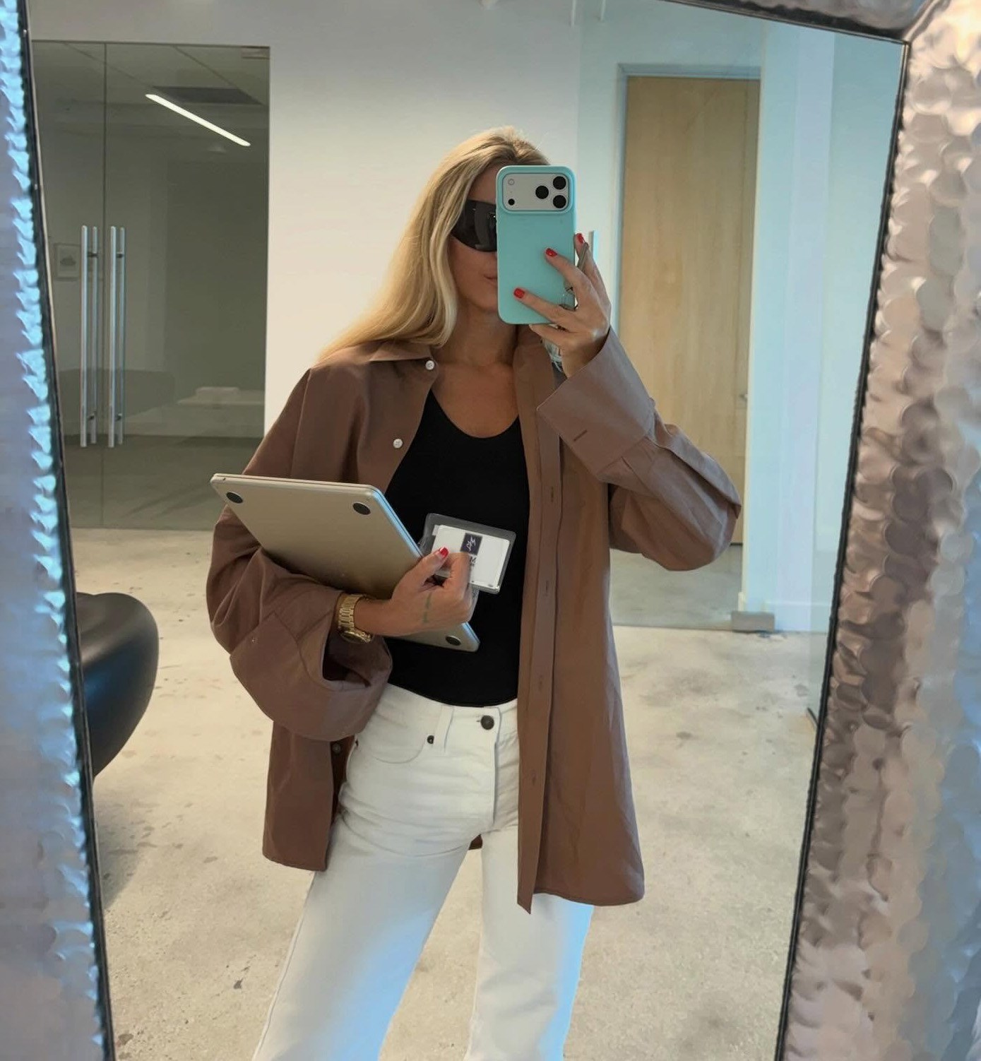 Morgan Stewart Brown Oversized Shirt + Black Sunglasses