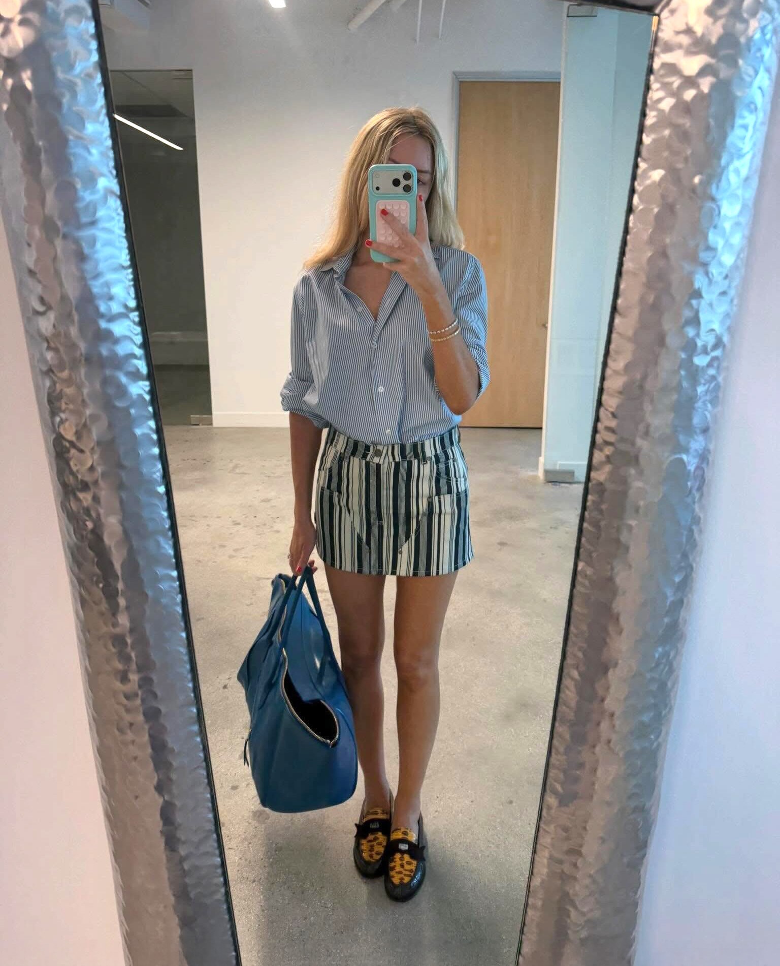 Morgan Stewart Ivory Navy Stripe Cargo Skirt + Burgundy Croc Christian Louboutin Loafers