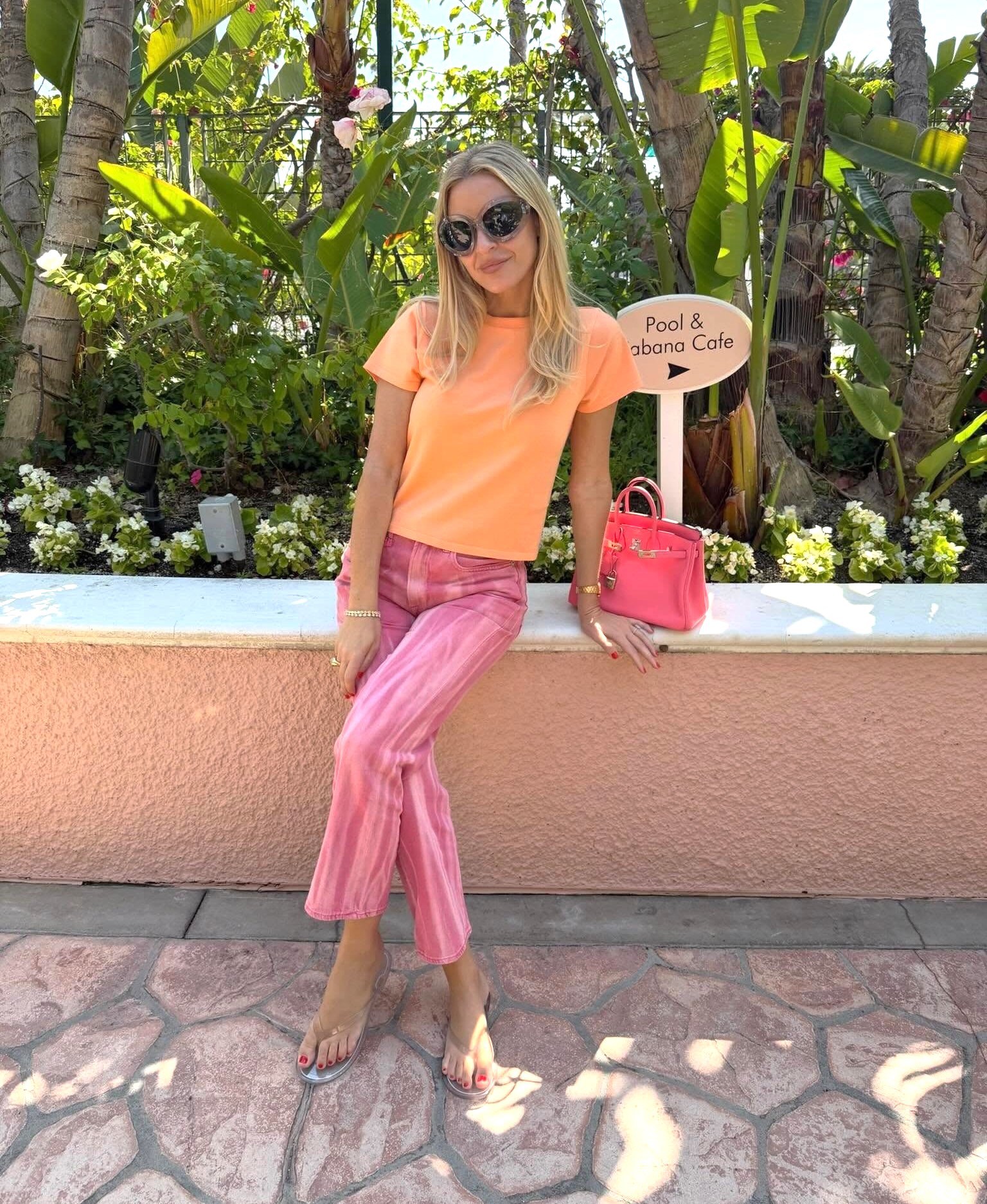 Morgan Stewart Orange Tee + Pink Print Jeans