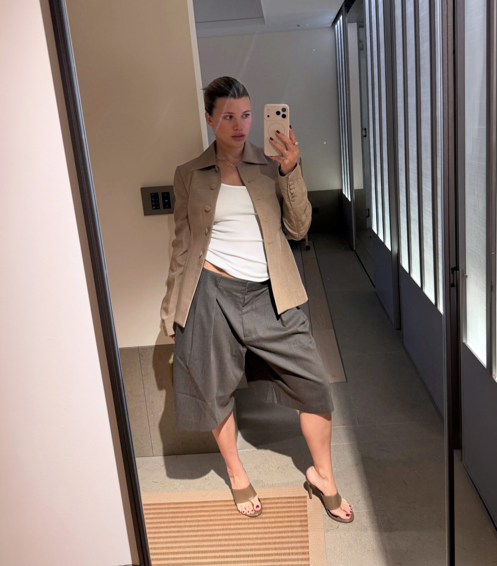Sofia Richie Grainge Tan Suede Blazer + Brown Leather Mules
