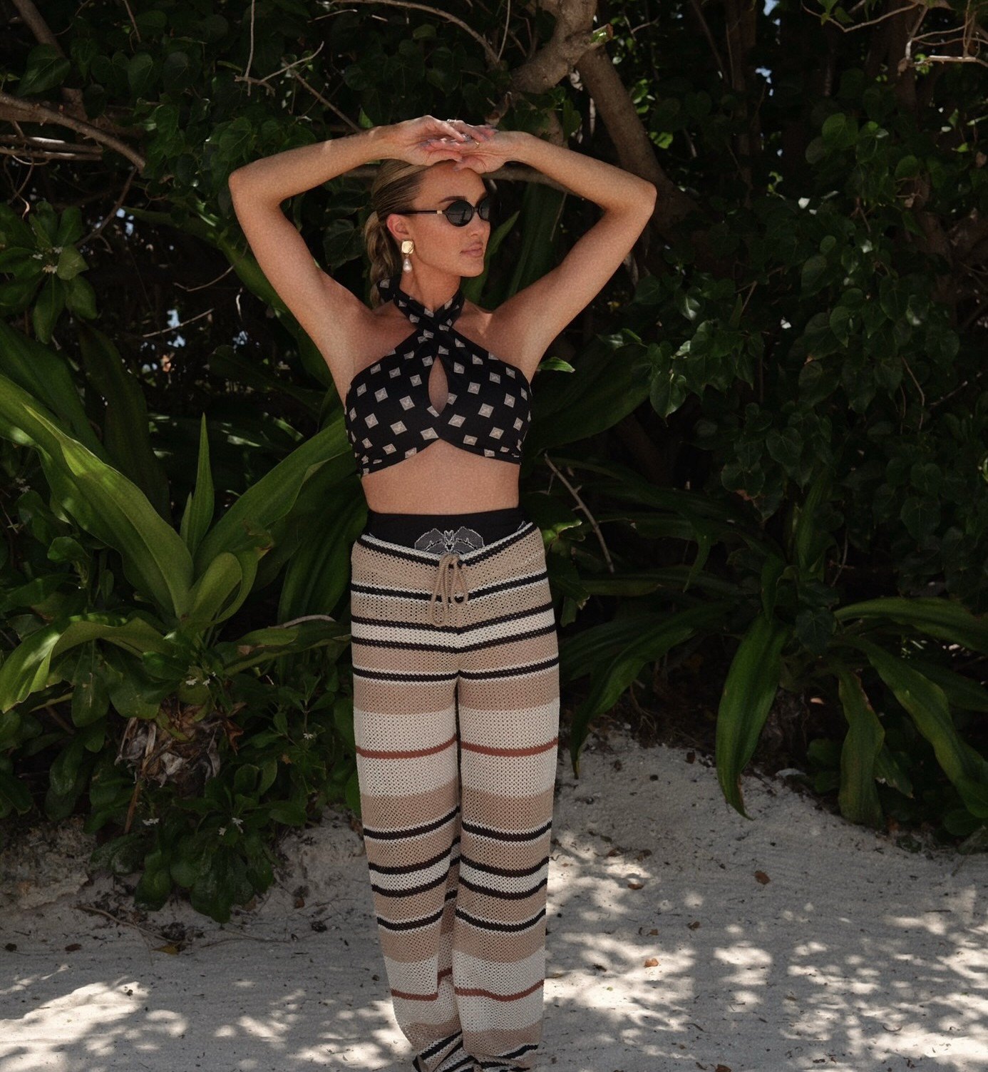 Brittany Aldean Black Print Bikini + Beige Stripe Pants
