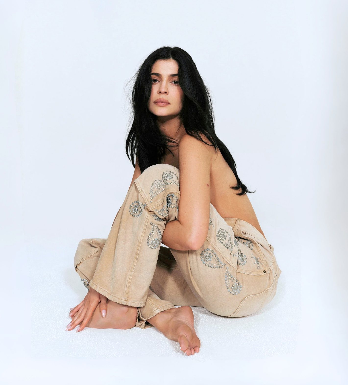 Kylie Jenner Faded Brown Studded Jeans