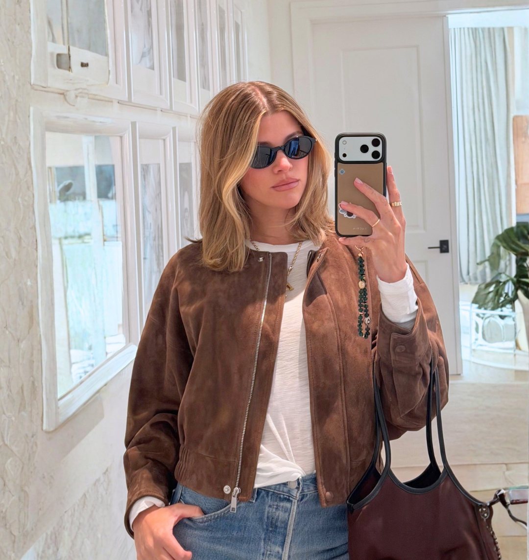 Sofia Richie Grainge Brown Suede Jacket + Black Sunglasses