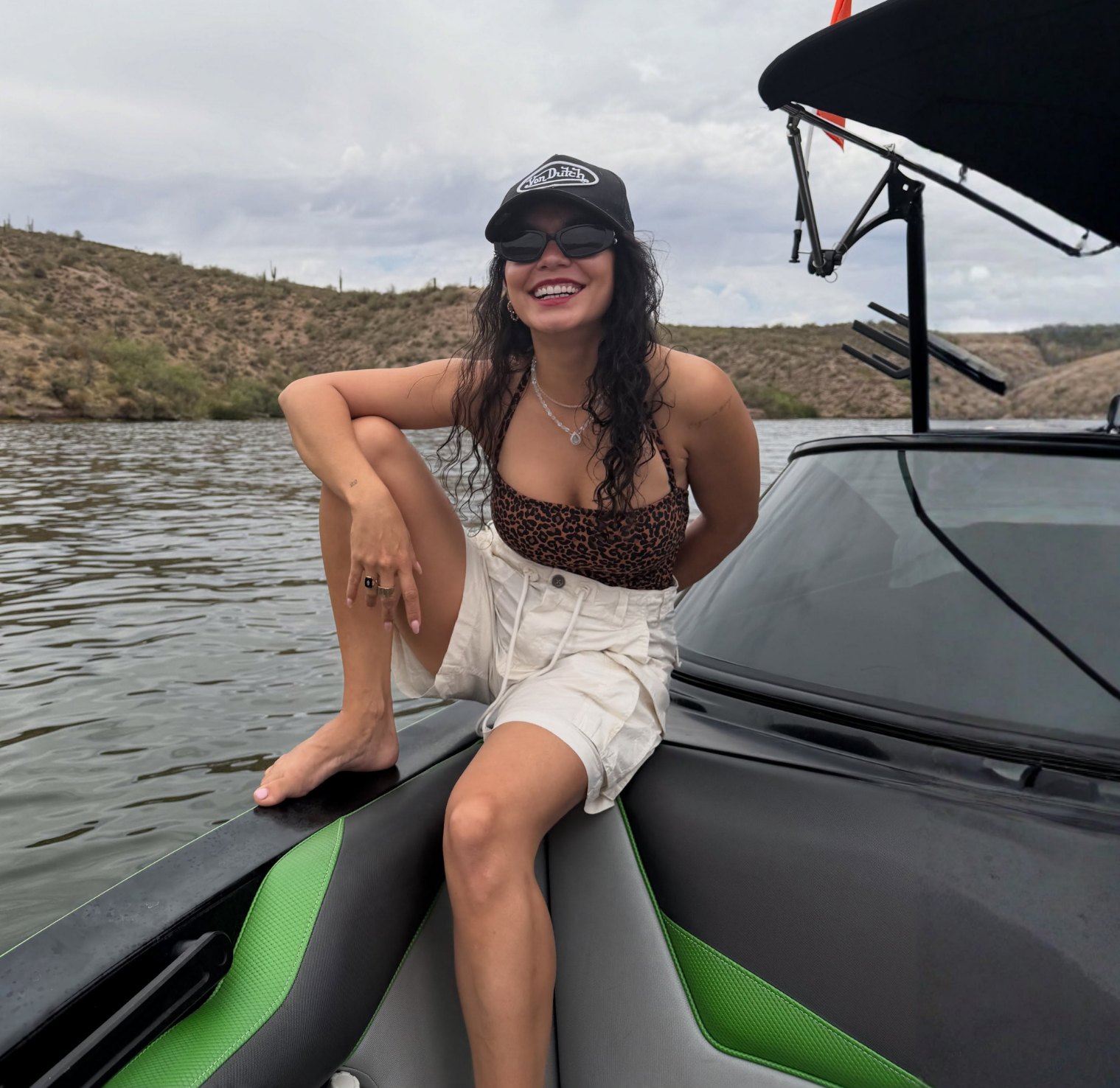 Vanessa Hudgens Ivory Oversized Cargo Shorts + Black Cuffed Sunglasses