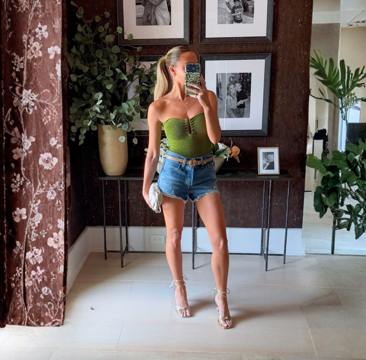 Brittany Aldean Olive Green Crinkle Swimsuit + Levi's Denim Shorts