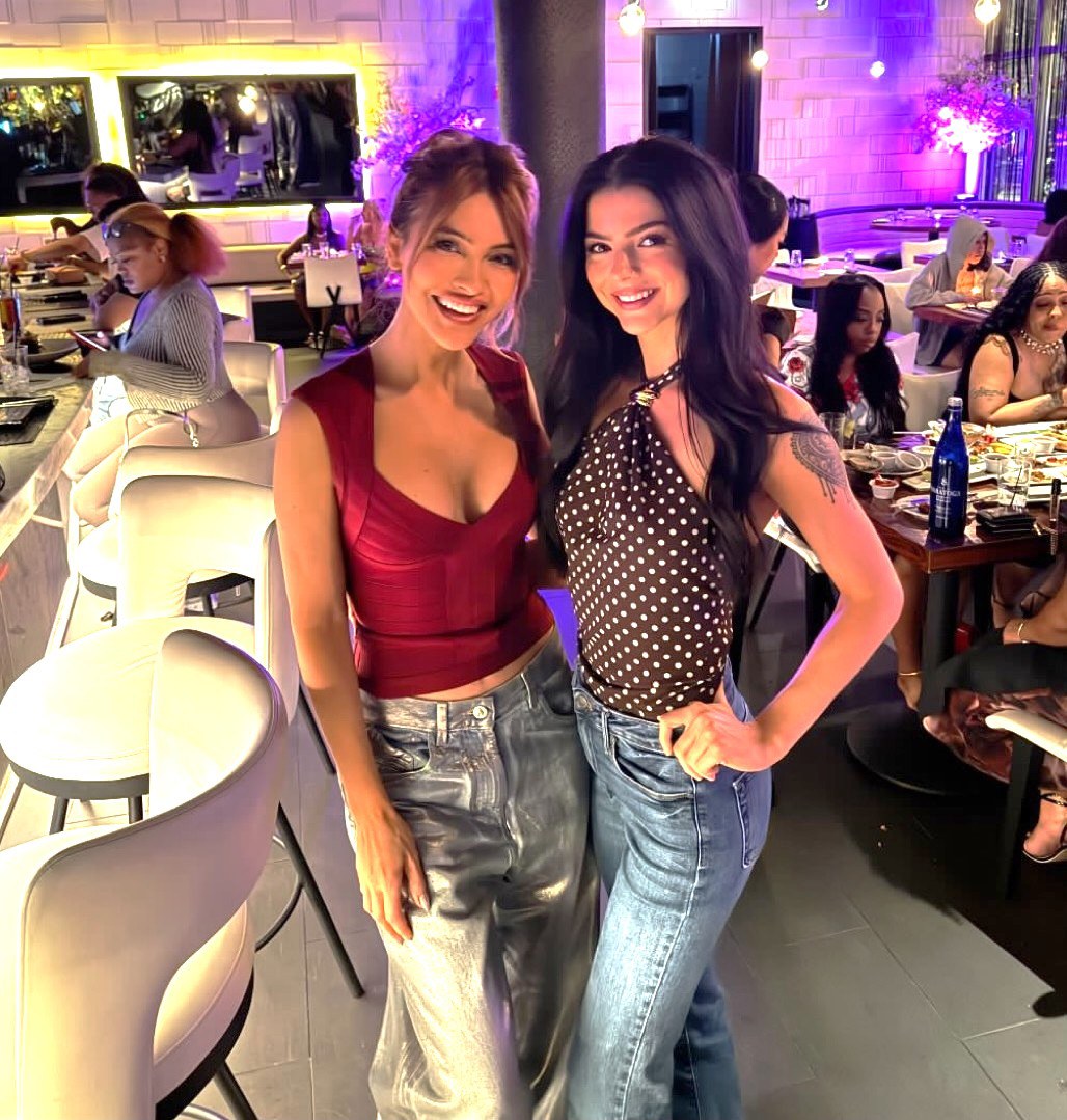 Chrishell Stause Wine Red Wrap Top + Silver Laminated Pants
