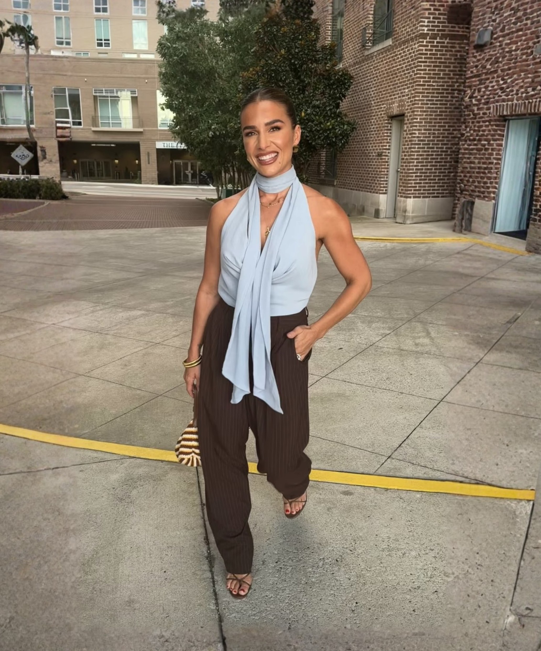 Jessie James Decker Blue Halterneck Top and Brown Pinstripe Pants