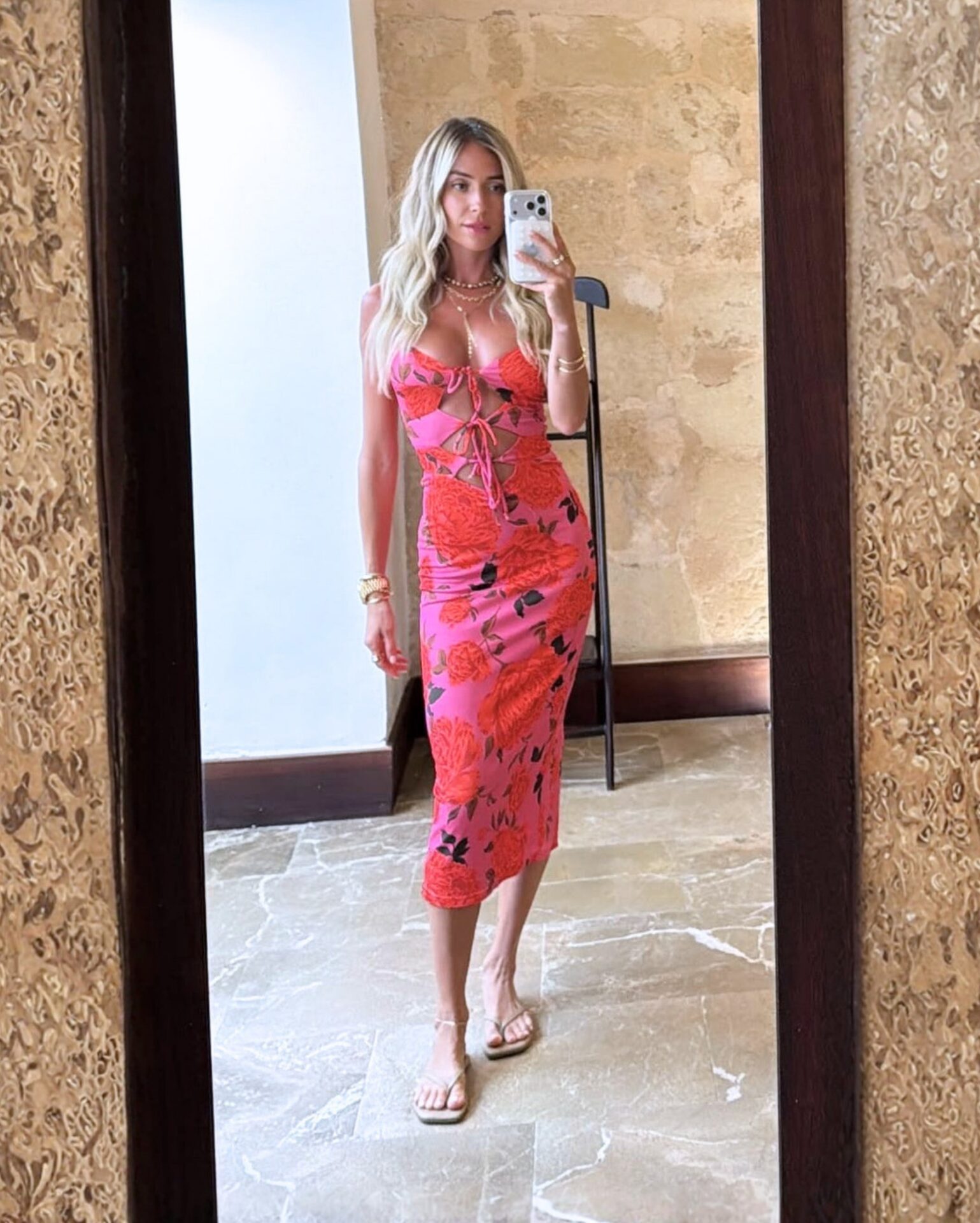 Kristin Cavallari Red Pink Rose Print Dress