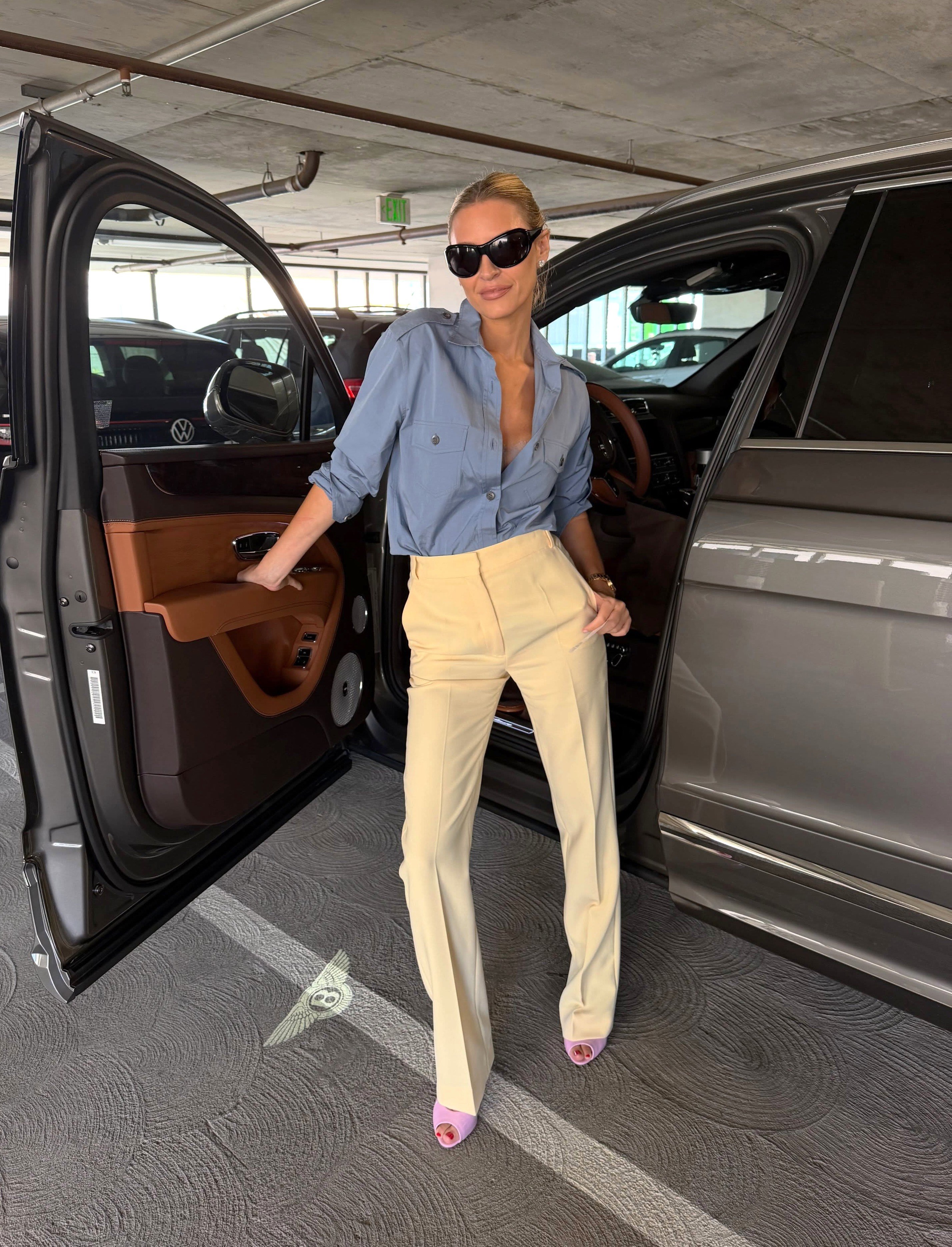 Morgan Stewart Blue Prada Utility Shirt + Butter Yellow Tailored Pants