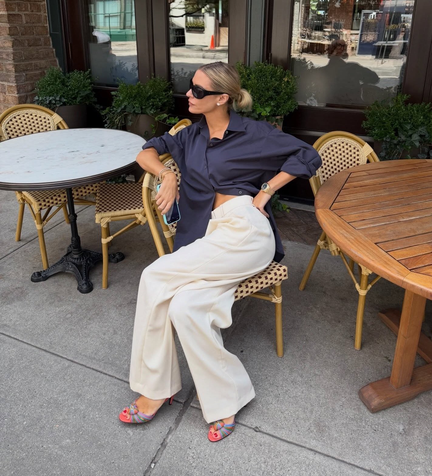 Morgan Stewart Deep Blue Shirt + Black Sunglasses