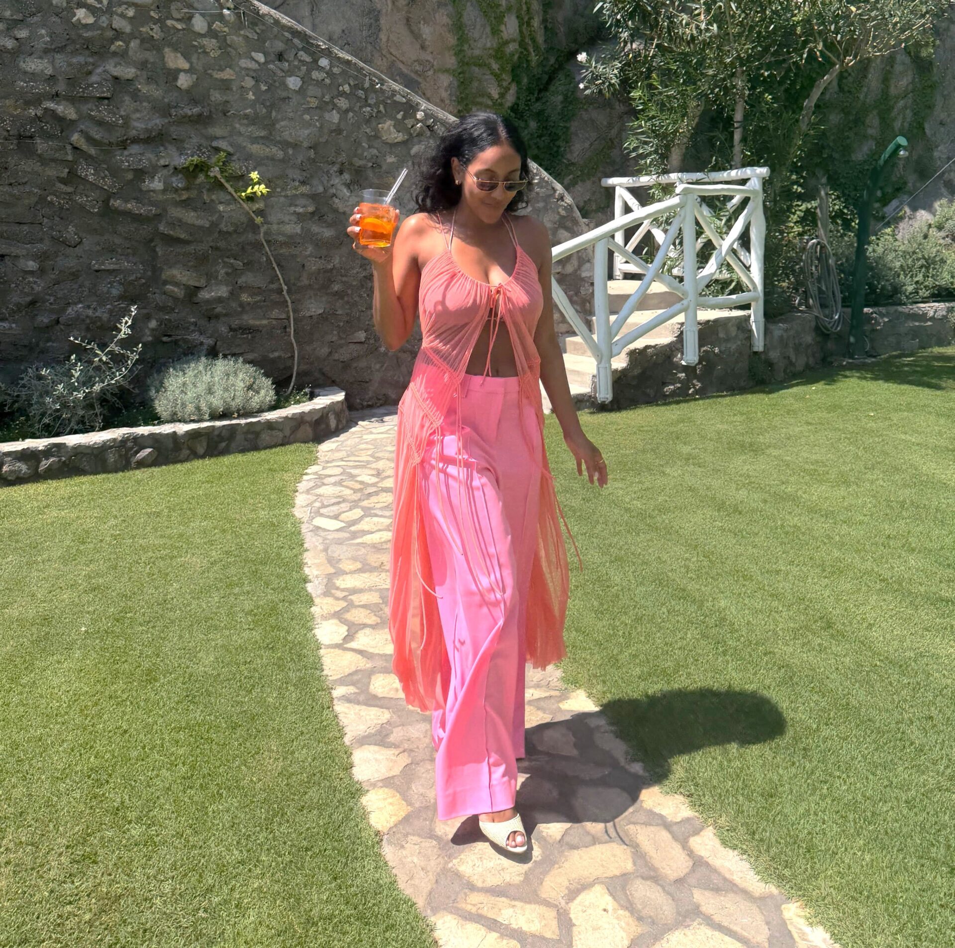 Tayshia Adams Peach Mesh Top + Pink Tailored Pants