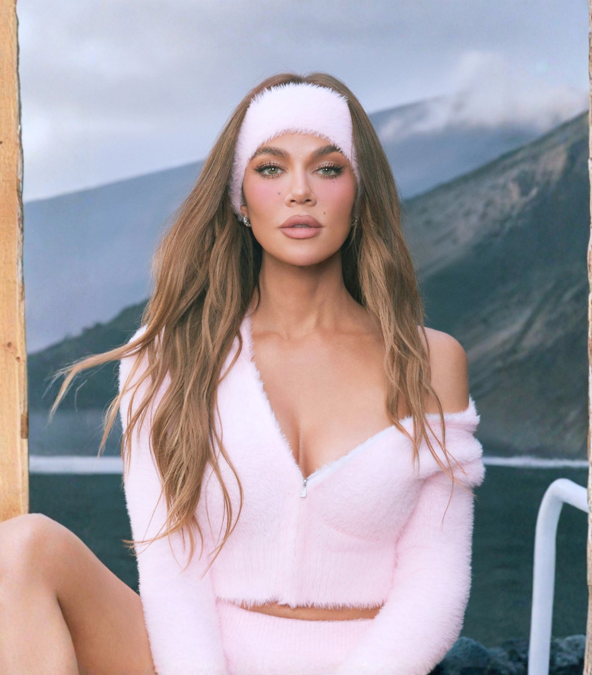 Khloe Kardashian Soft Pink Fuzzy Cropped Hoodie and Shorts - Khloe Kardashian for Fabletics Fall 2026 Collection