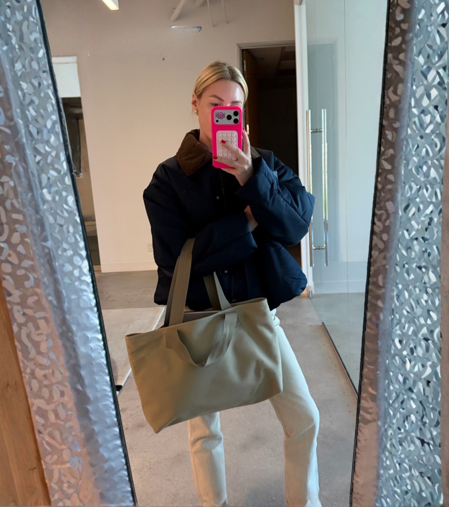Morgan Stewart Navy Parka Jacket and Beige Jeans
