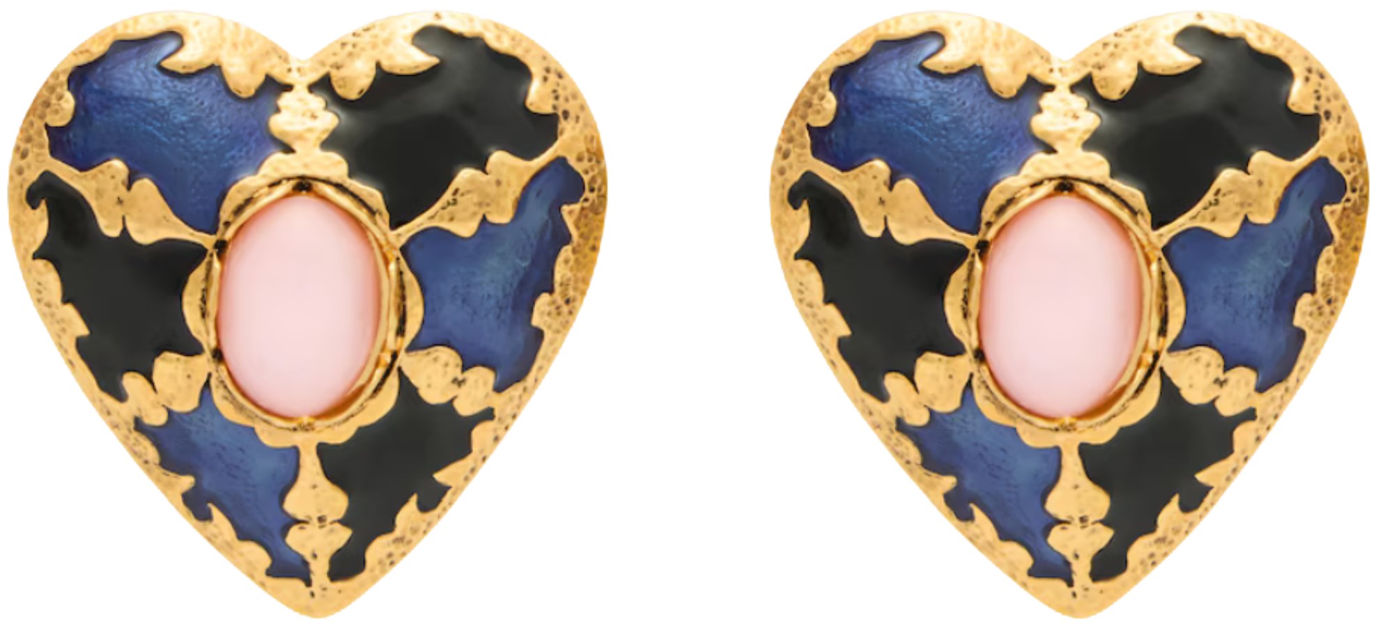 Saint Laurent Patinated Gold Pink Blue Heart Earrings